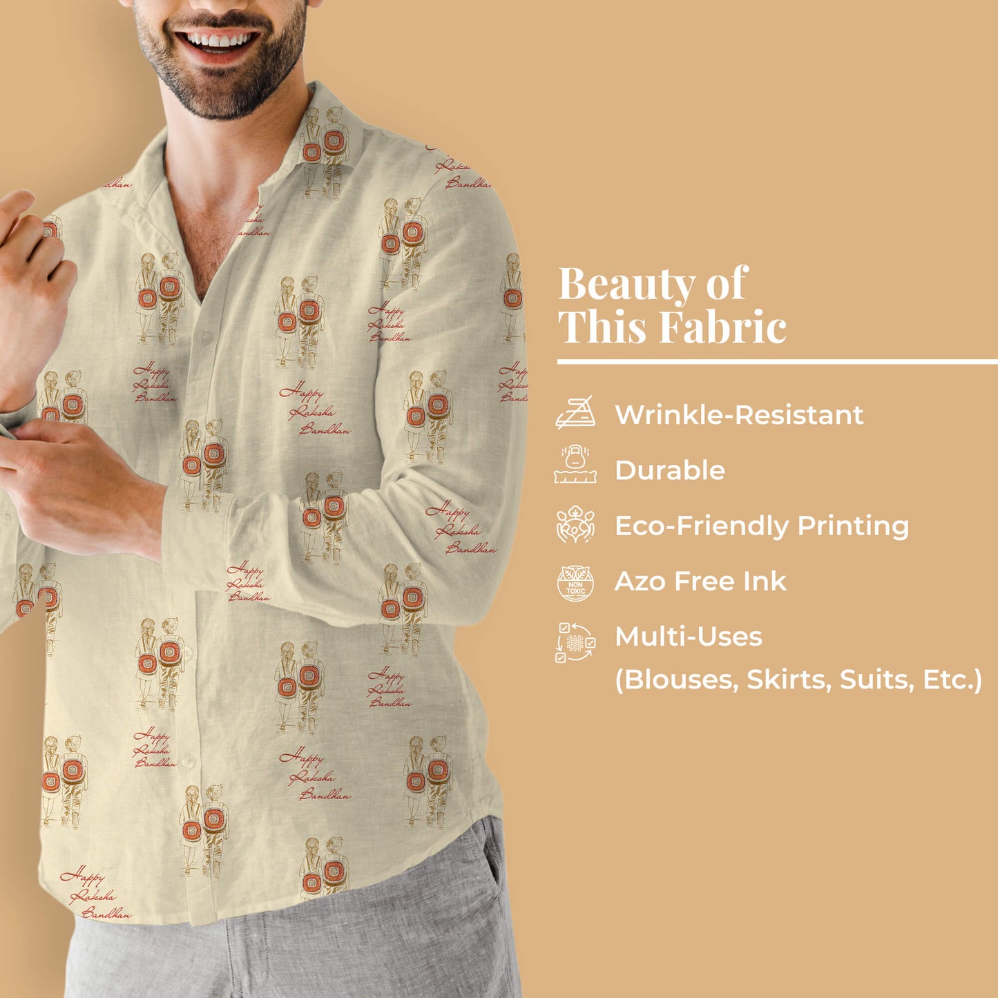 Ecru Beige And Sangria Red Rakhi Pattern Digital Print Crepe Silk Fabric