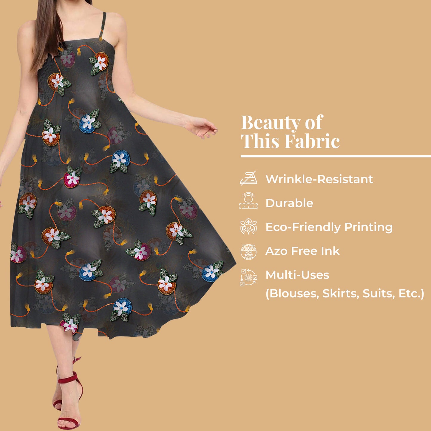 Black And Dark Orange Rakhi Pattern Digital Print Crepe Silk Fabric