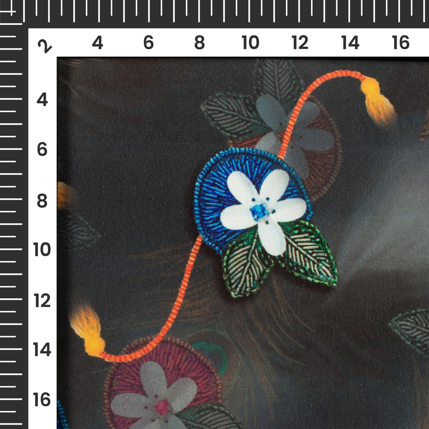 Black And Dark Orange Rakhi Pattern Digital Print Crepe Silk Fabric
