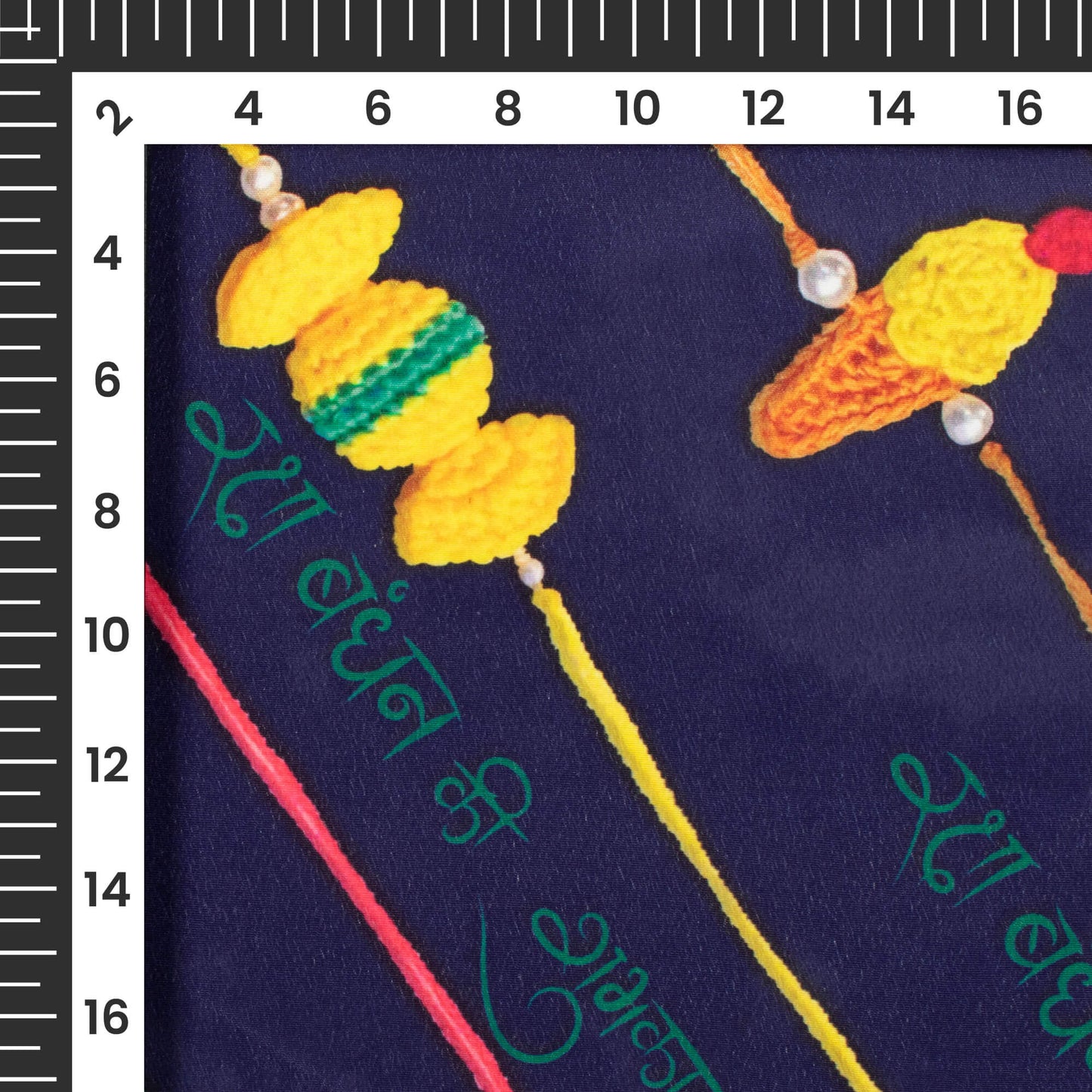 Navy Blue And Yellow Rakhi Pattern Digital Print Crepe Silk Fabric