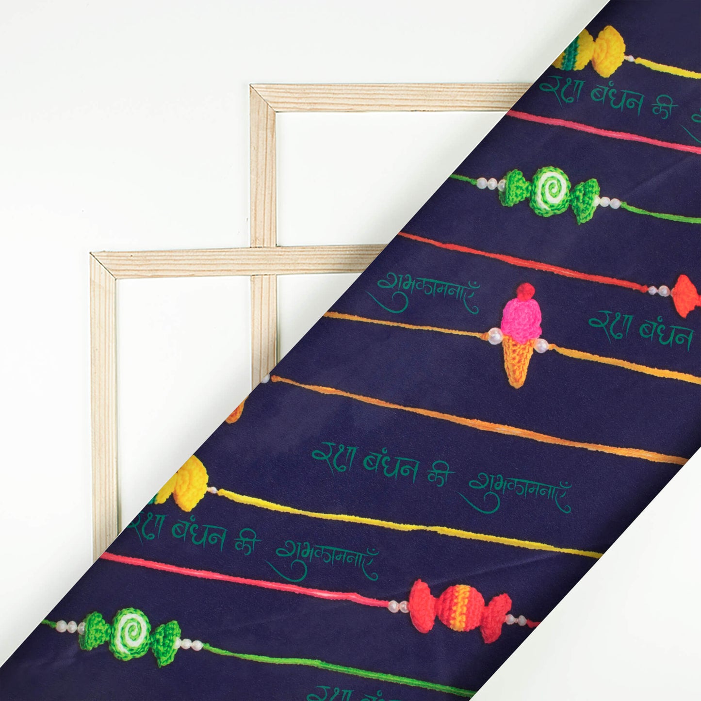 Navy Blue And Yellow Rakhi Pattern Digital Print Crepe Silk Fabric