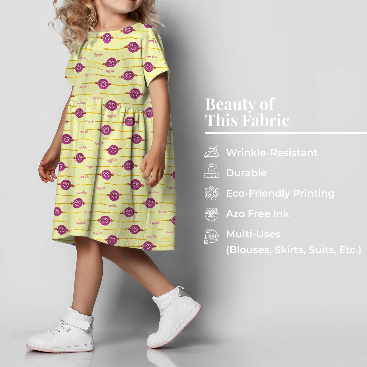 Corn Yellow And Grape Purple Rakhi Pattern Digital Print Crepe Silk Fabric