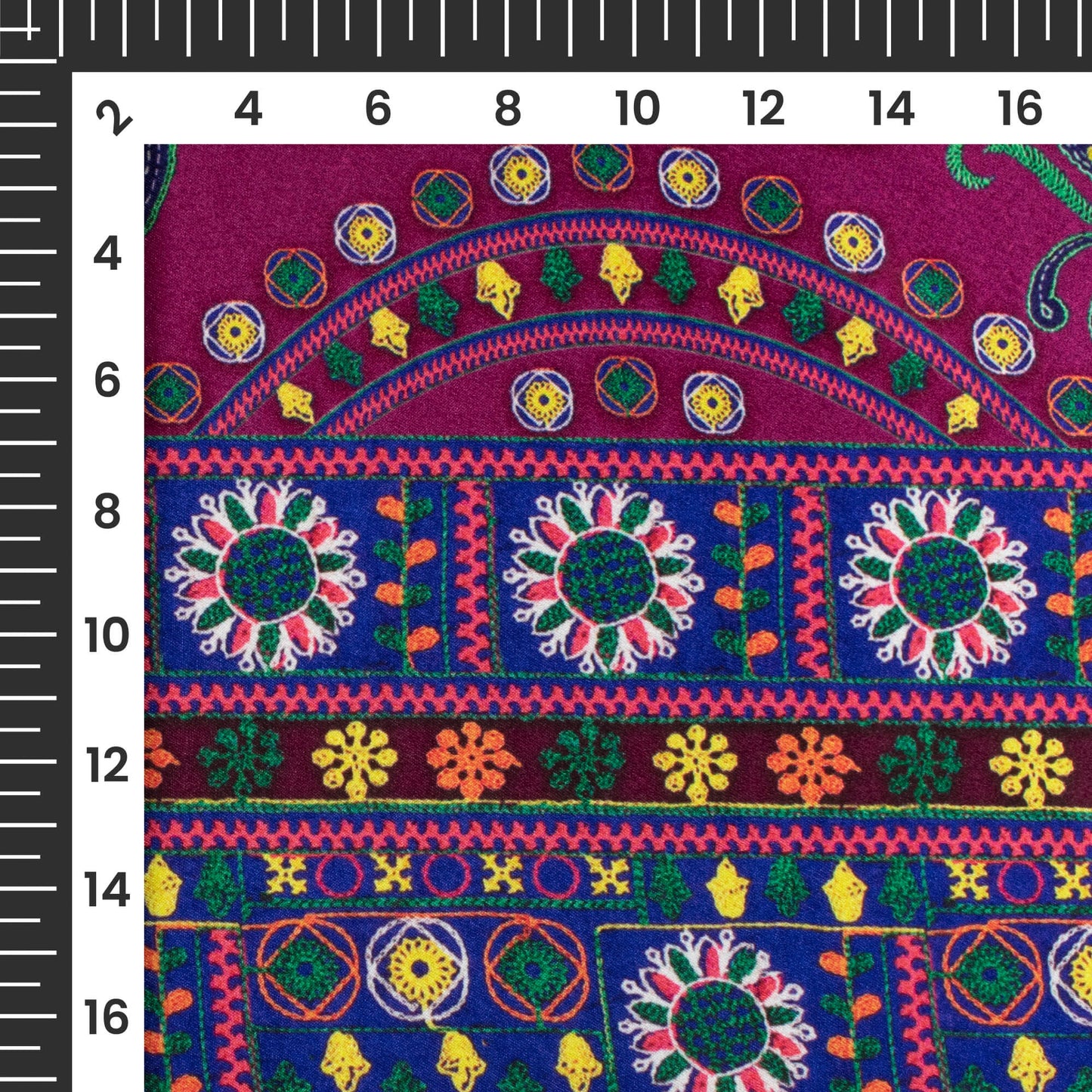 Wine Purple And Navy Blue Gamthee Pattern Digital Print Japan Satin Fabric