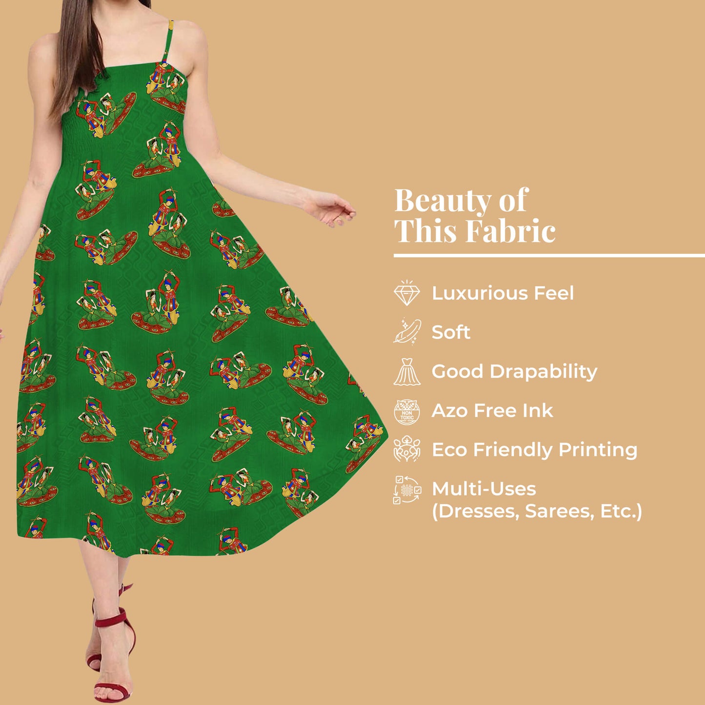 Deep Green And Blood Red Gamthee Pattern Digital Print Japan Satin Fabric