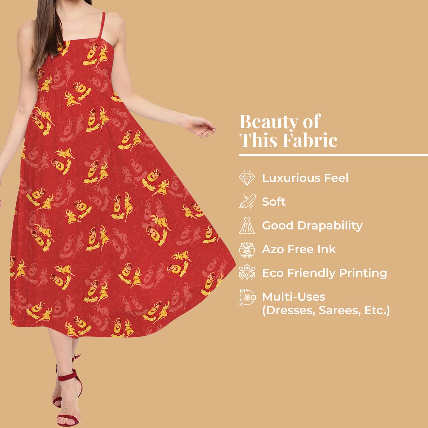 Vermilion Red And Corn Yellow Gamthi Pattern Digital Print Japan Satin Fabric