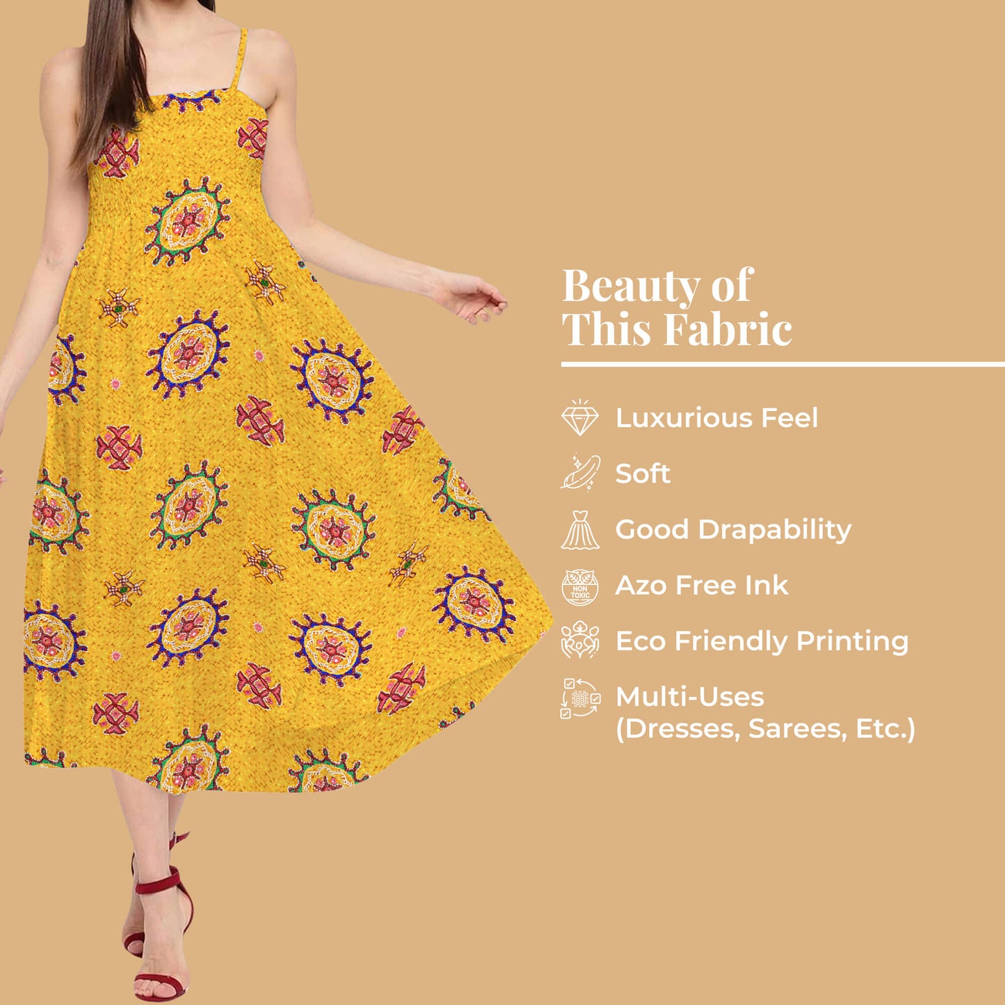 Mustard Yellow And Punch Pink Gamthee Pattern Digital Print Japan Satin Fabric