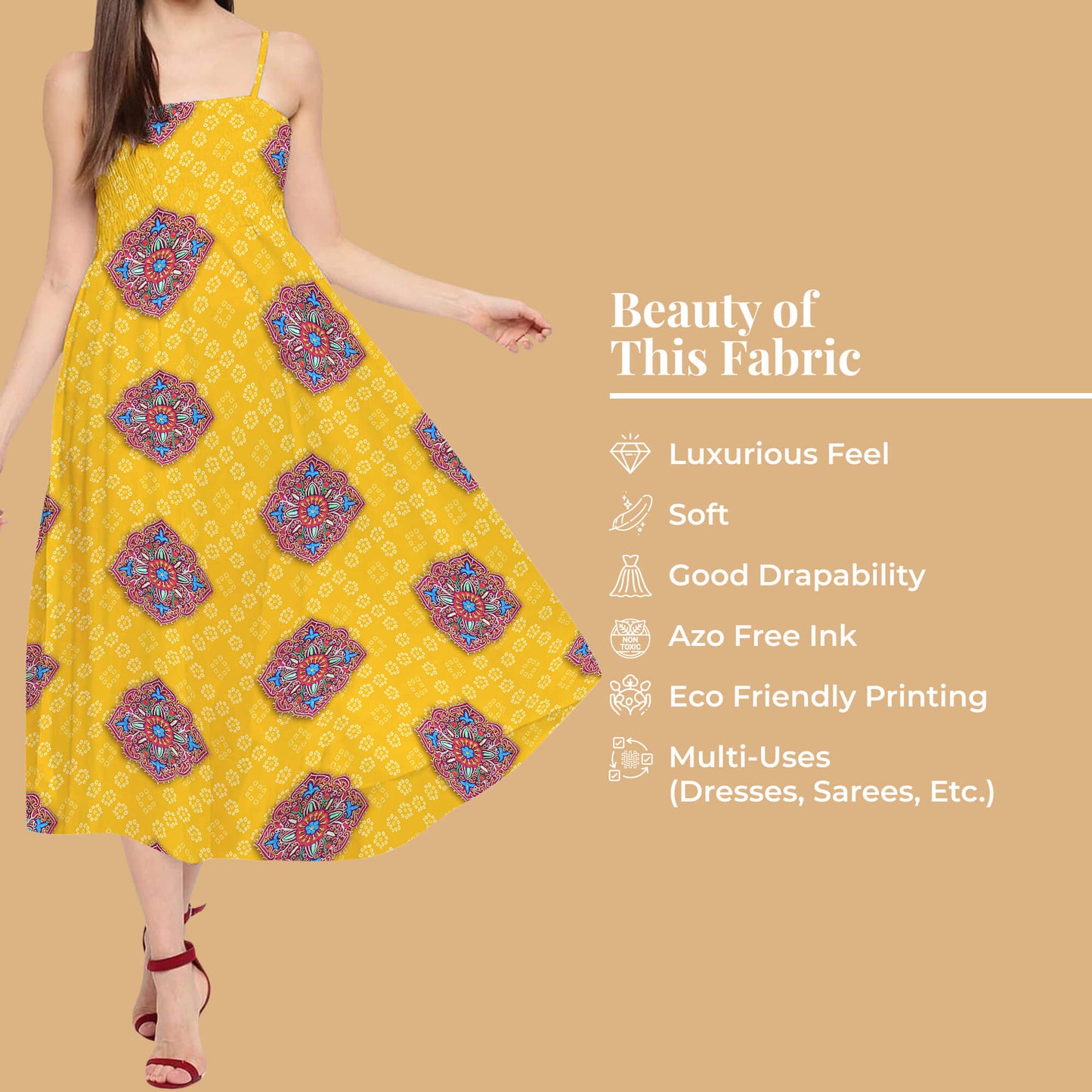 Bumblebee Yellow And Sky Blue Gamthee Pattern Digital Print Japan Satin Fabric