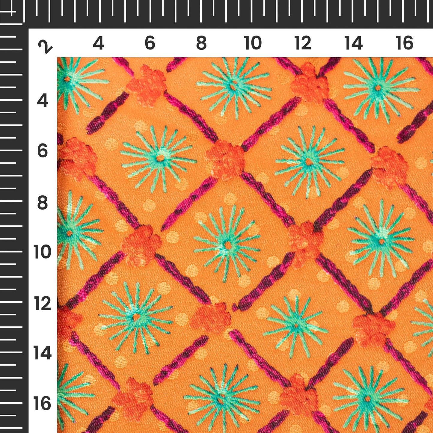 Royal Orange And Green Gamthi Pattern Digital Print Jacquard Booti Japan Satin Fabric (Width 56 Inches)