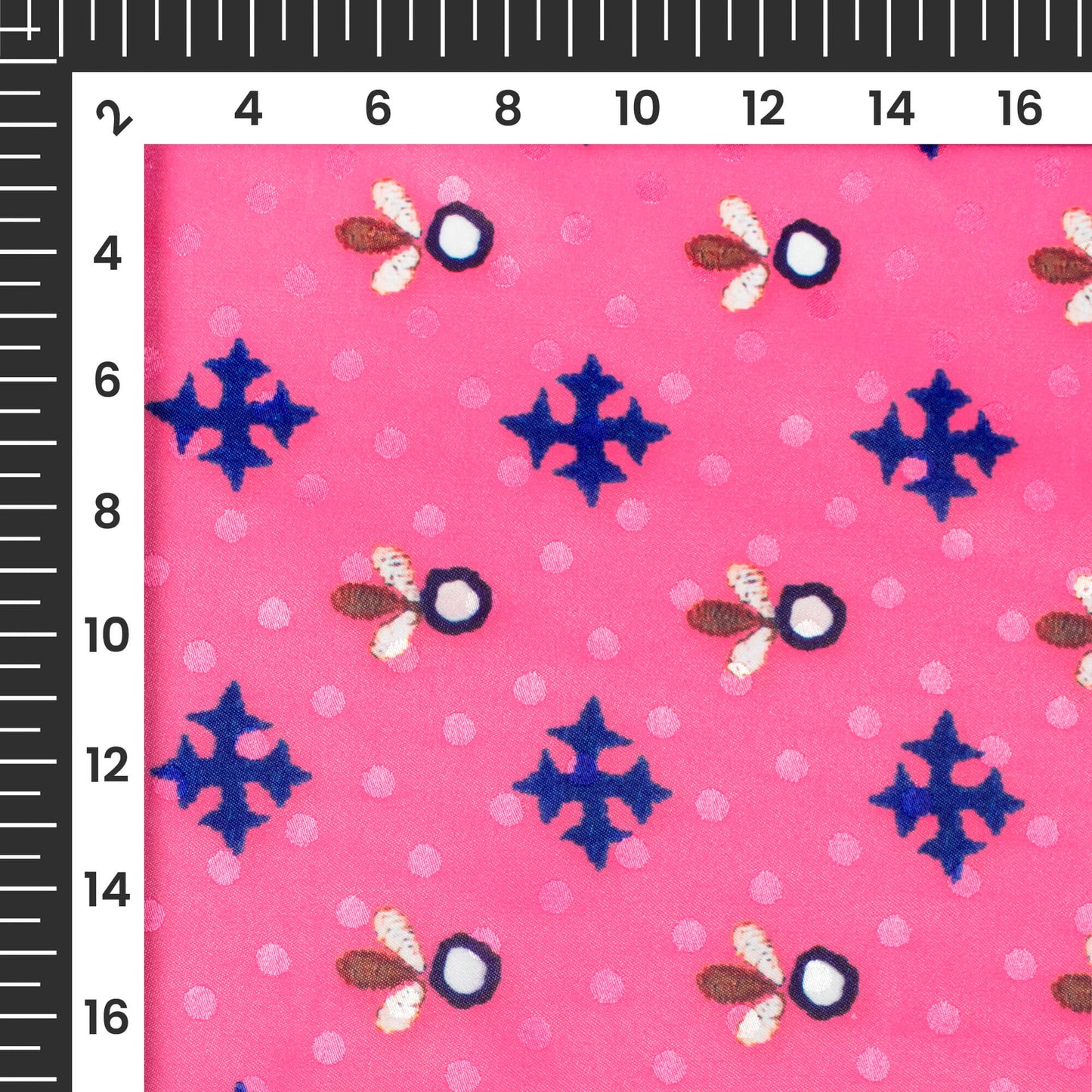 Hot Pink And Blue Gamthee Pattern Digital Print Jacquard Booti Japan Satin Fabric (Width 56 Inches)