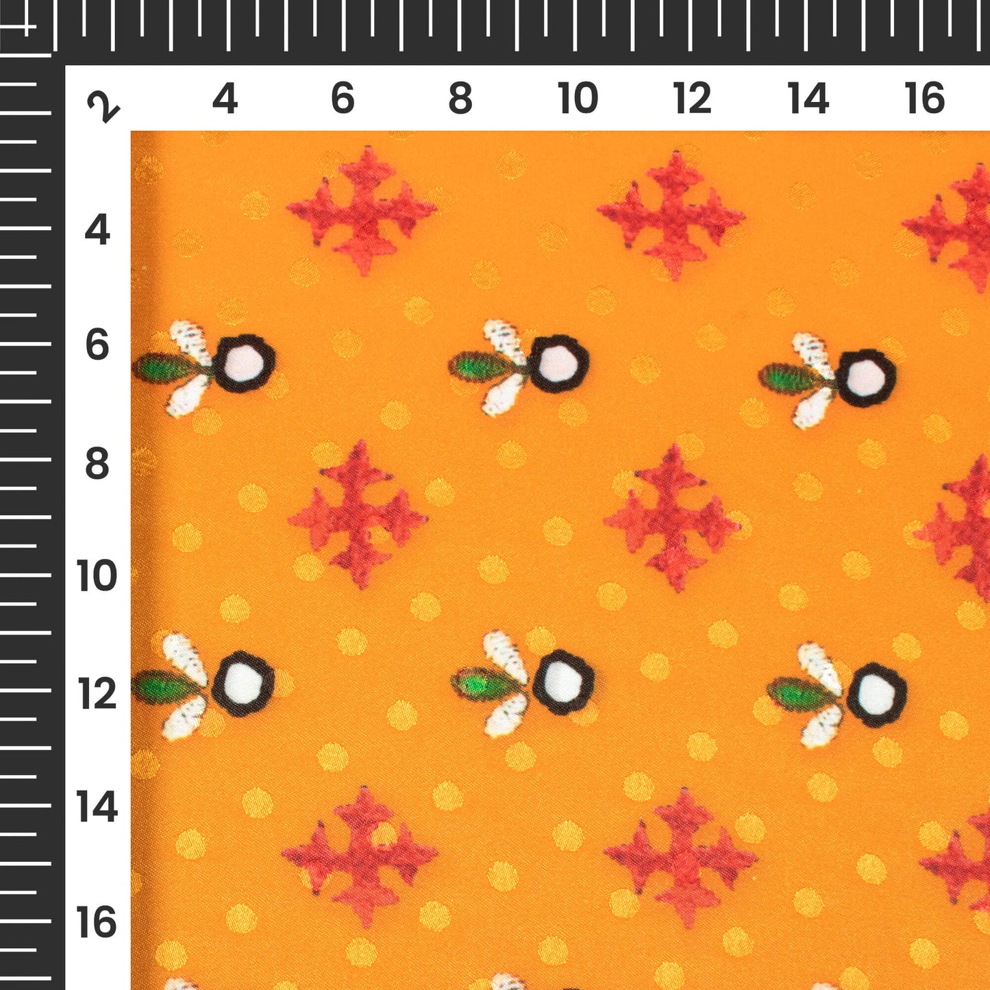 Honey Orange And Red Gamthee Pattern Digital Print Jacquard Booti Japan Satin Fabric (Width 56 Inches)