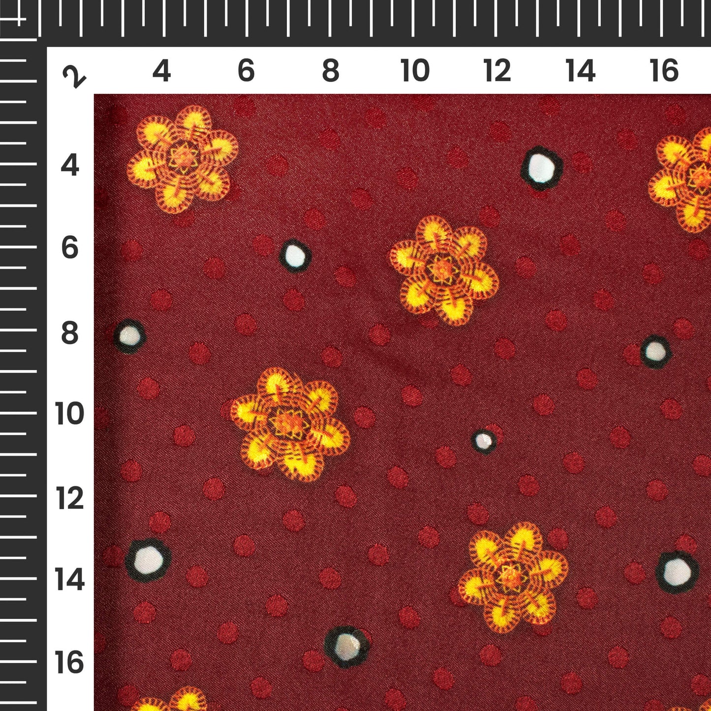 Maroon And Mustard Yellow Gamthee Pattern Digital Print Jacquard Booti Japan Satin Fabric (Width 56 Inches)
