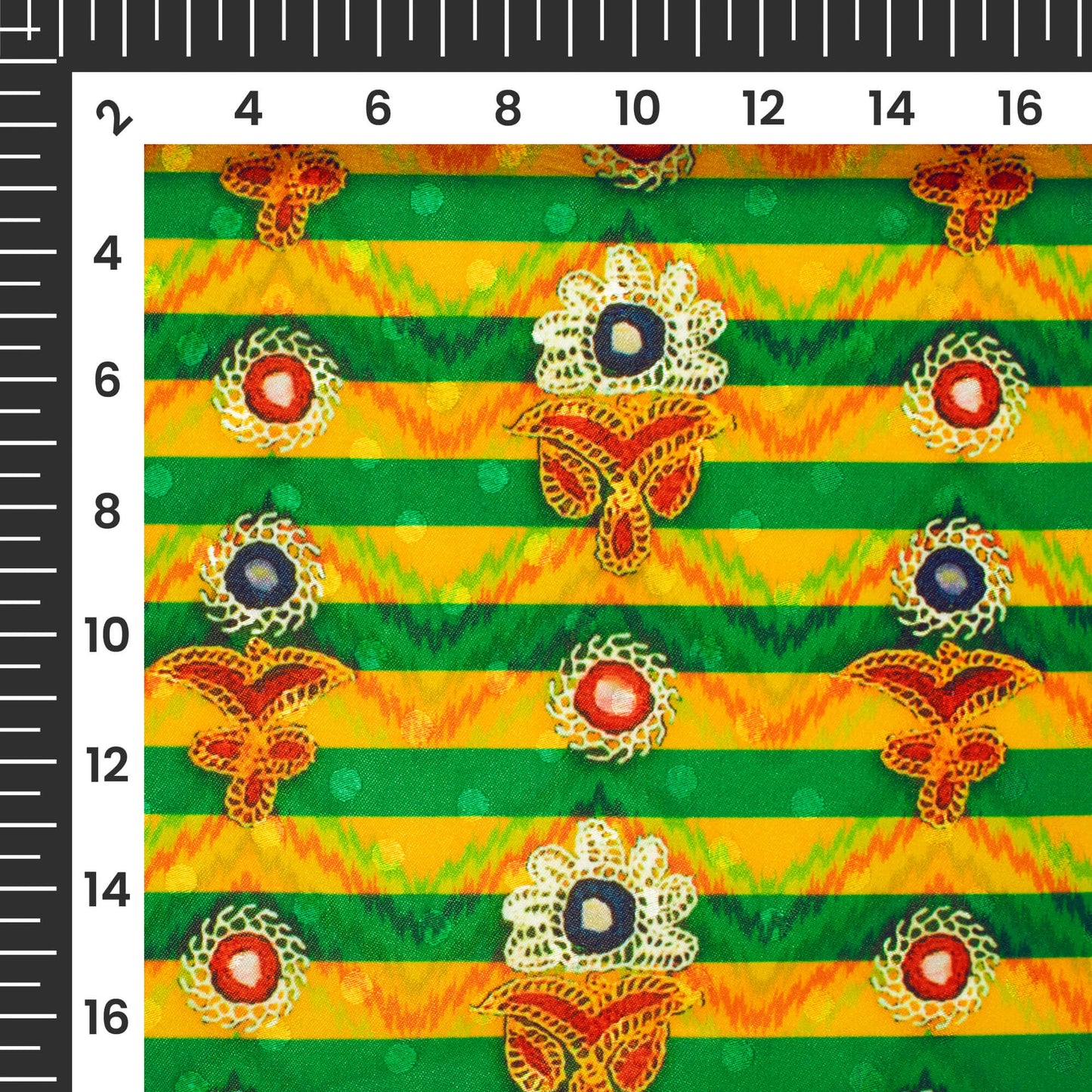 Cyber Yellow And Basil Green Gamthee Pattern Digital Print Jacquard Booti Japan Satin Fabric (Width 56 Inches)