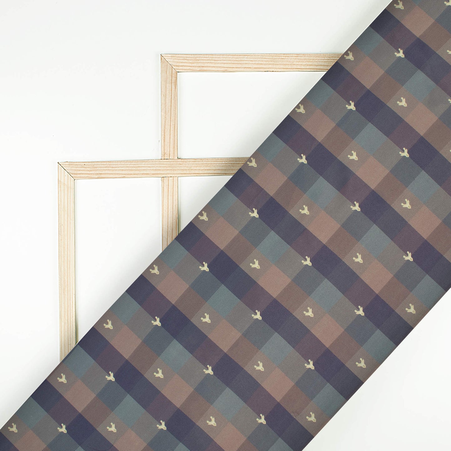 Slate Grey And Light Brown Checks Pattern Digital Print Twill Fabric (Width 56 Inches)