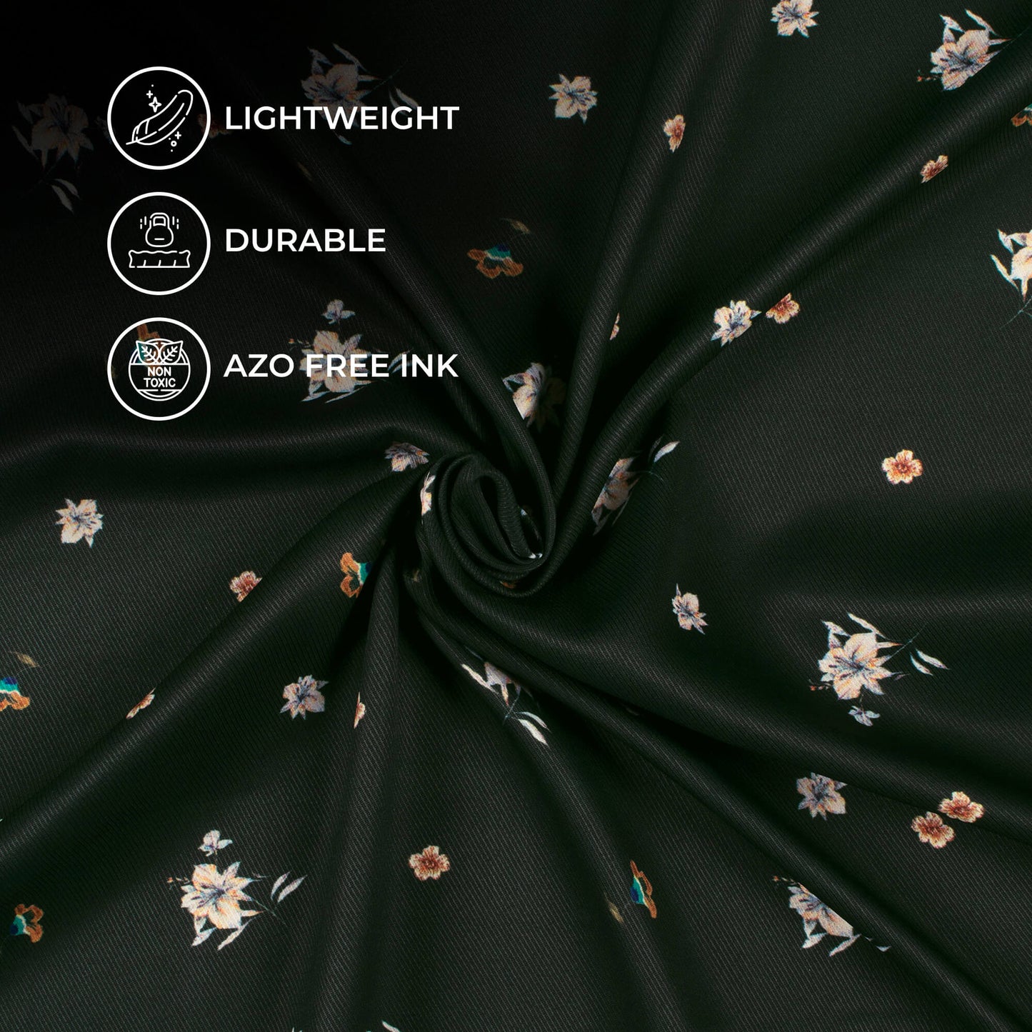 Dark Forest Green And Off White Floral Pattern Digital Print Twill Fabric (Width 56 Inches)