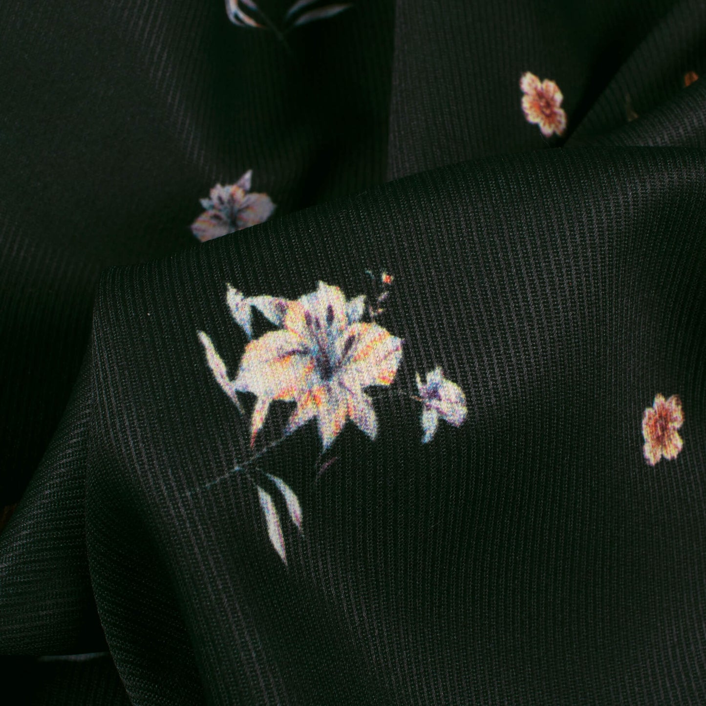 Dark Forest Green And Off White Floral Pattern Digital Print Twill Fabric (Width 56 Inches)