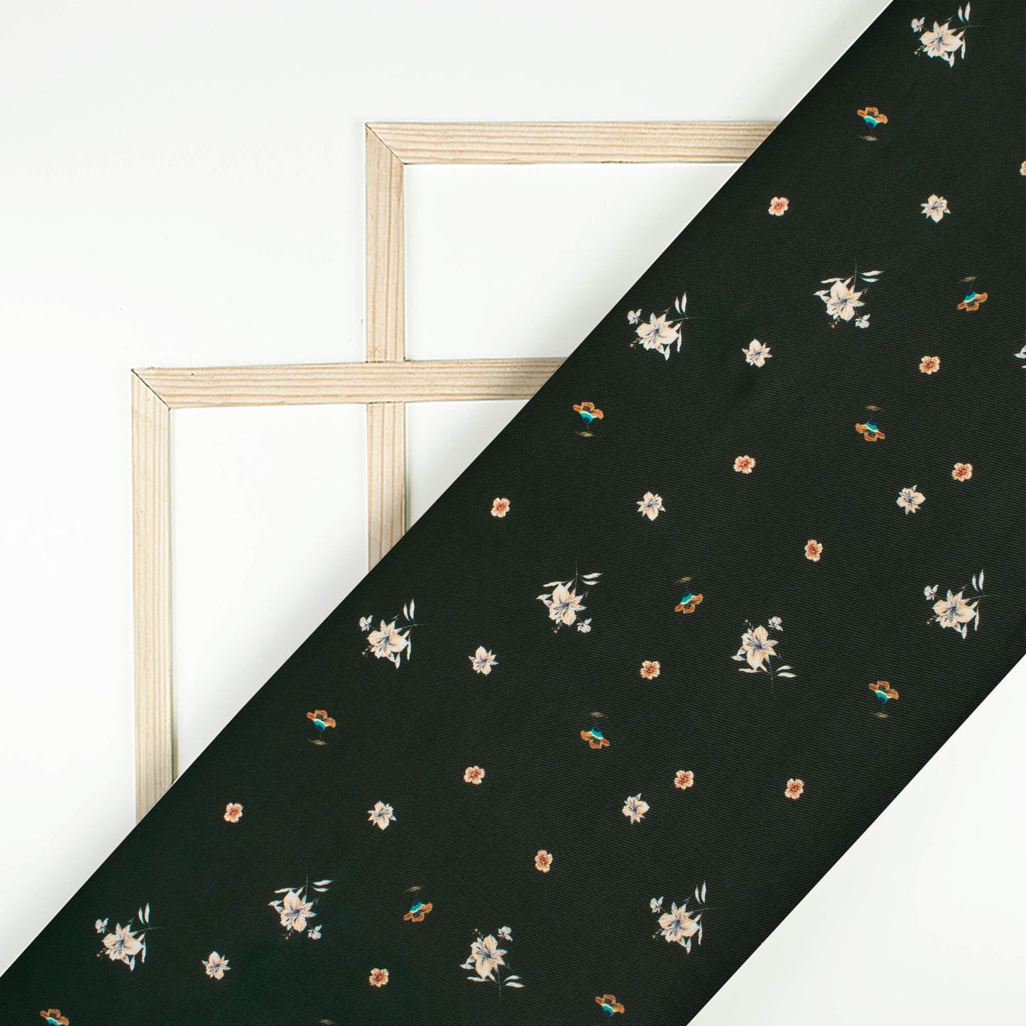 Dark Forest Green And Off White Floral Pattern Digital Print Twill Fabric (Width 56 Inches)