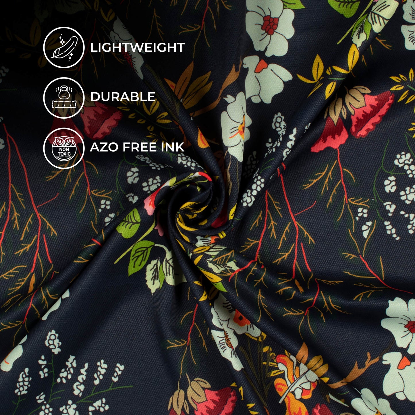 Dark Blue And Yellow Floral Pattern Digital Print Twill Fabric (Width 56 Inches)