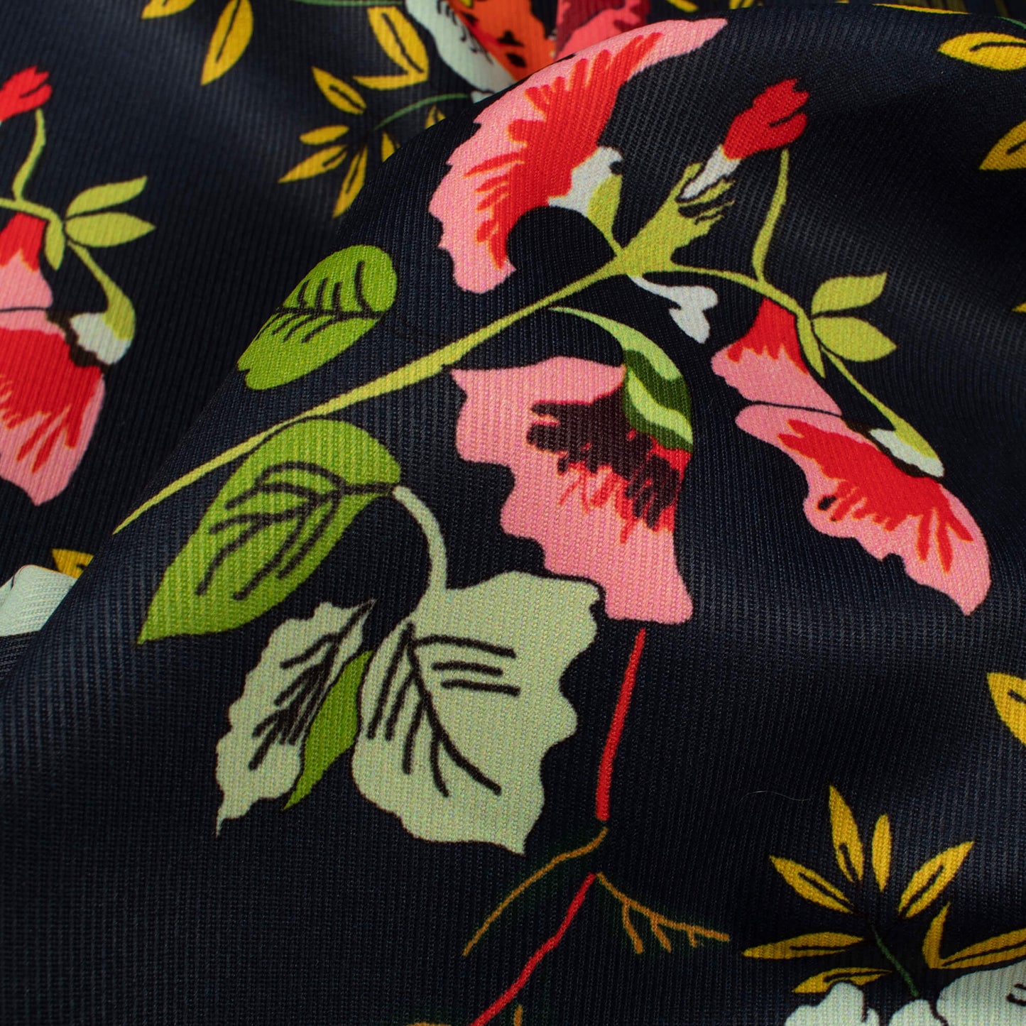 Dark Blue And Yellow Floral Pattern Digital Print Twill Fabric (Width 56 Inches)
