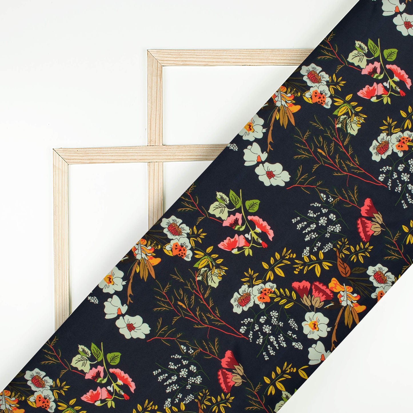 Dark Blue And Yellow Floral Pattern Digital Print Twill Fabric (Width 56 Inches)