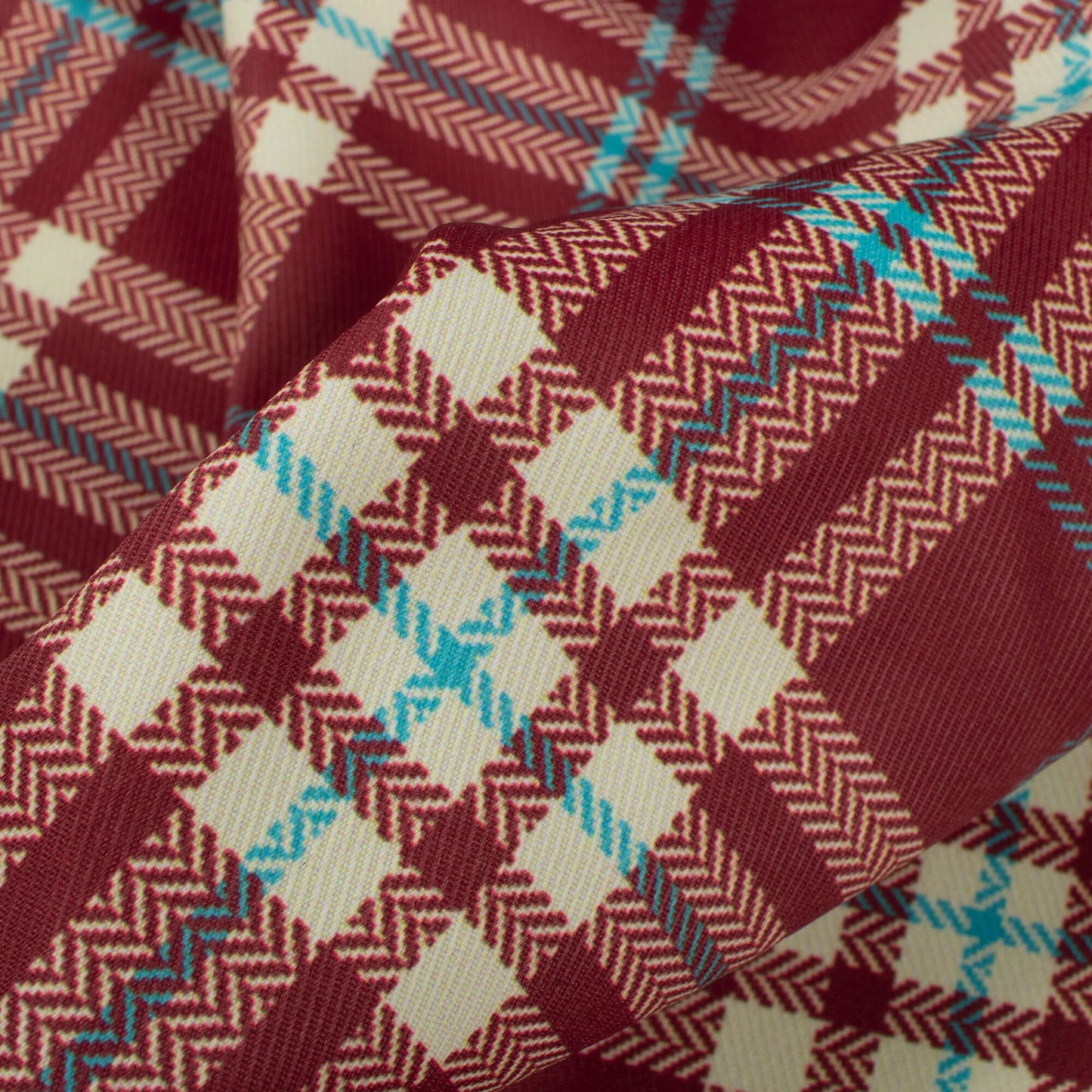 Maroon And Cream Checks Pattern Digital Print Twill Fabric (Width 56 Inches)