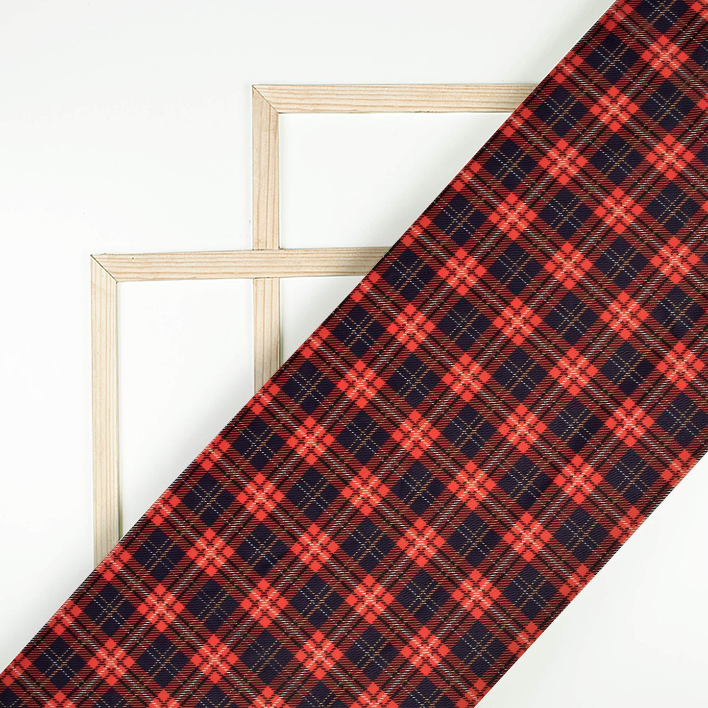 Navy Blue And Red Checks Pattern Digital Print Twill Fabric (Width 56 Inches)