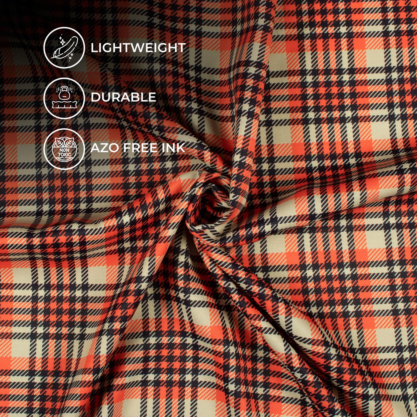 Fire Orange And Black Checks Pattern Digital Print Twill Fabric (Width 56 Inches)