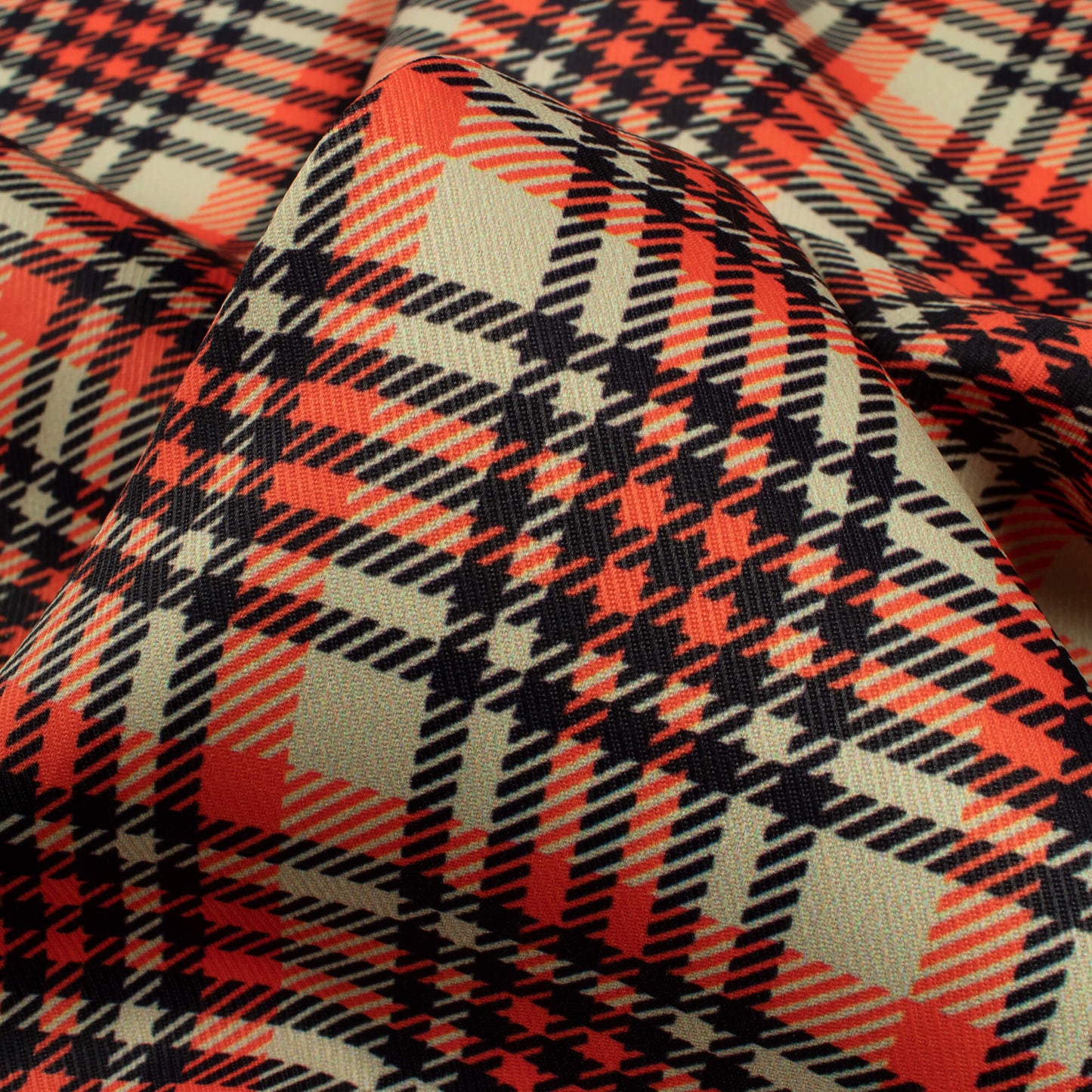 Fire Orange And Black Checks Pattern Digital Print Twill Fabric (Width 56 Inches)