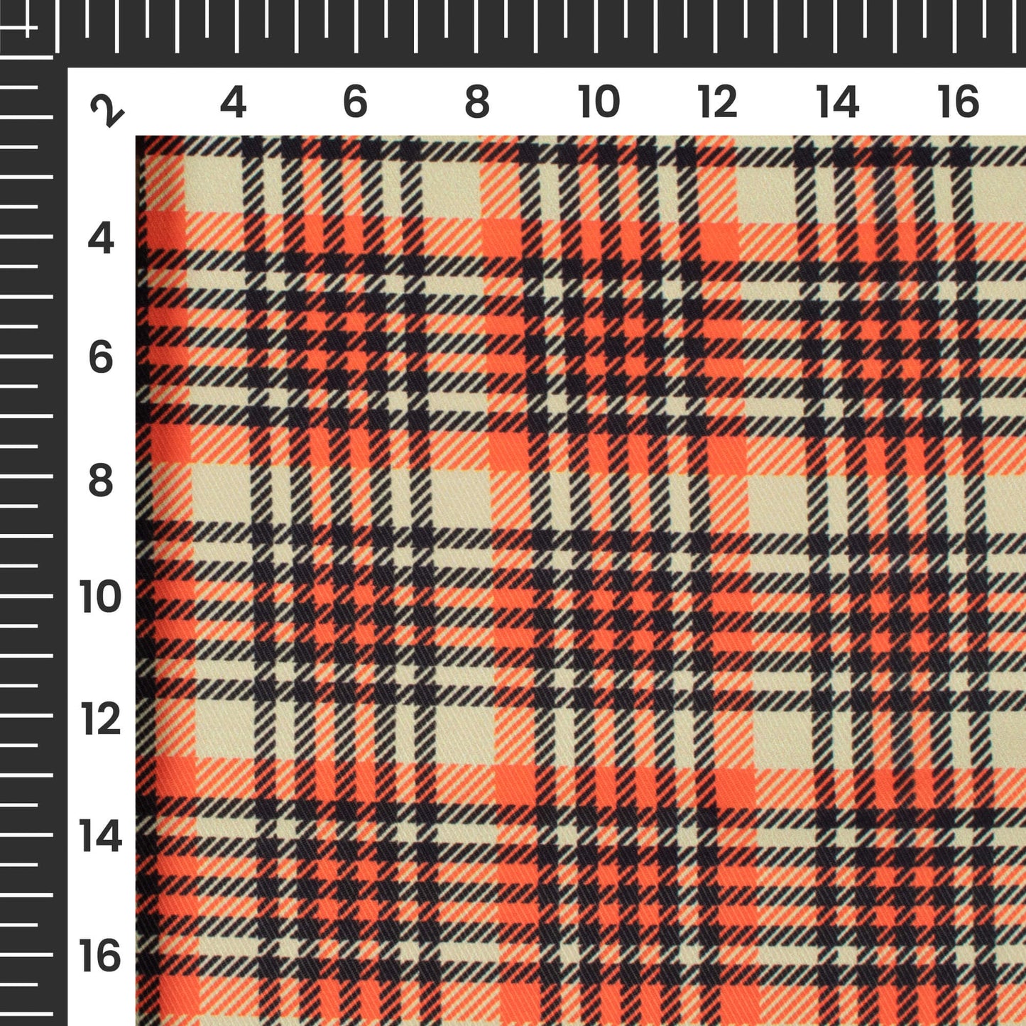 Fire Orange And Black Checks Pattern Digital Print Twill Fabric (Width 56 Inches)