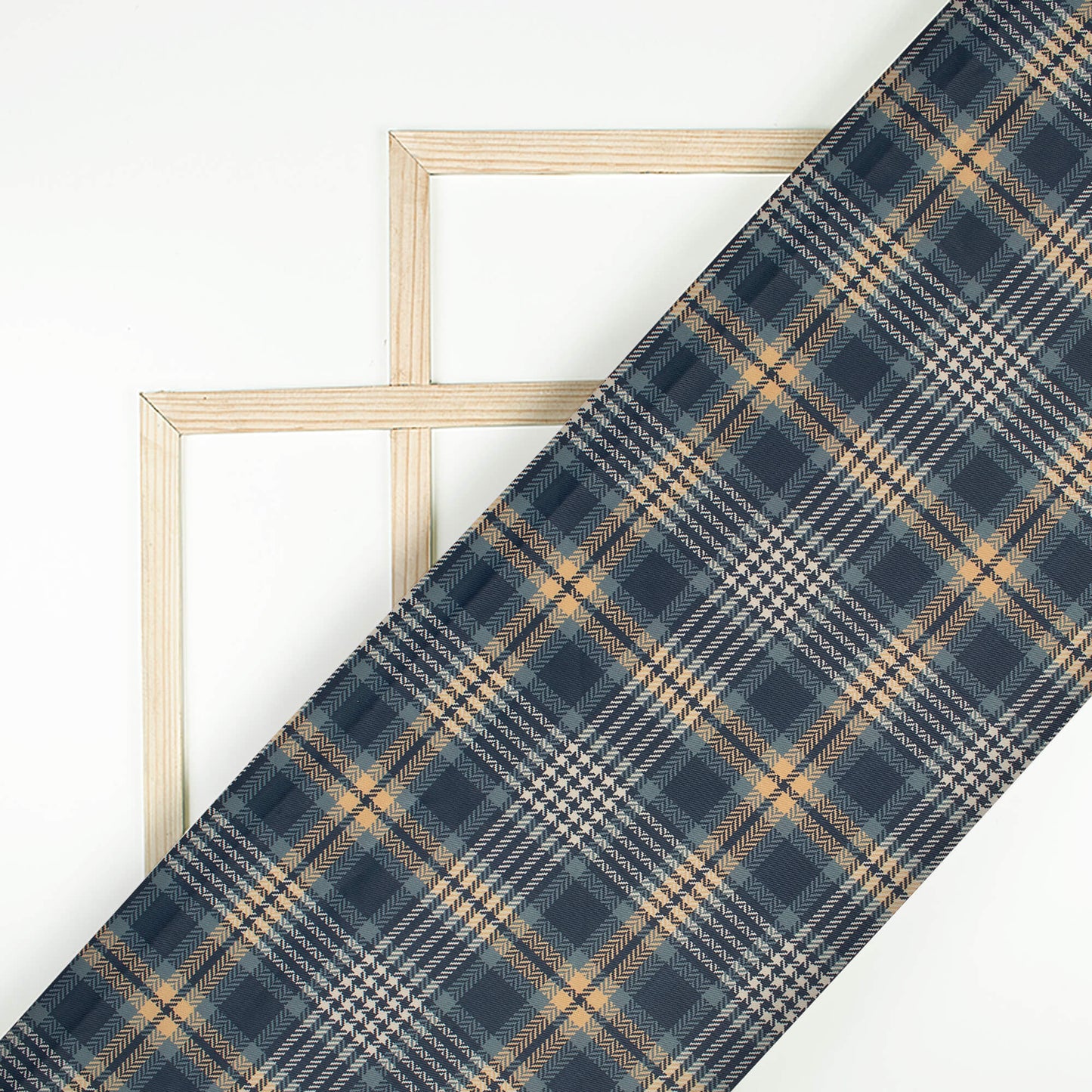 Slate Blue And Brown Checks Pattern Digital Print Twill Fabric (Width 56 Inches)