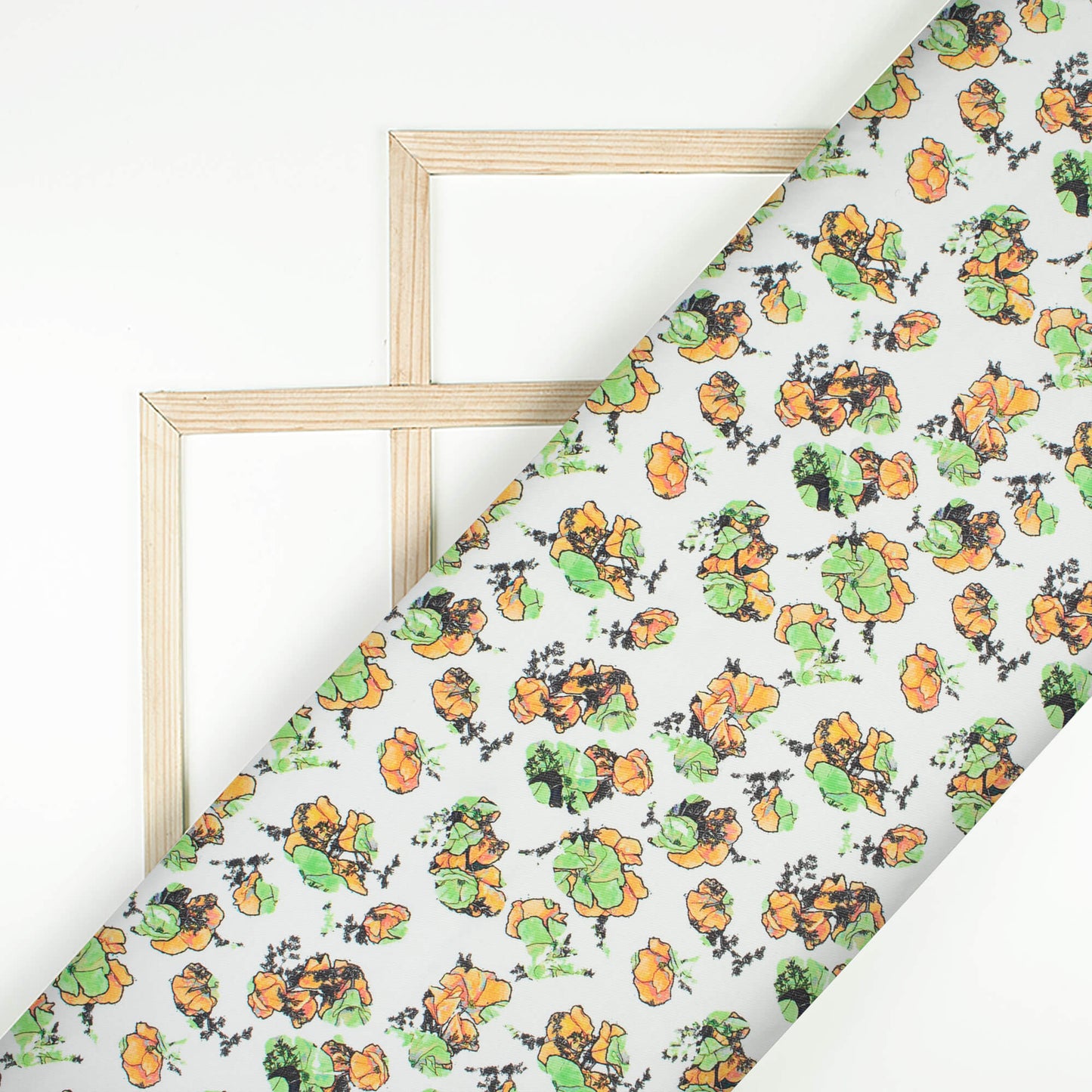 White And Green Floral Pattern Digital Print Twill Fabric (Width 56 Inches)