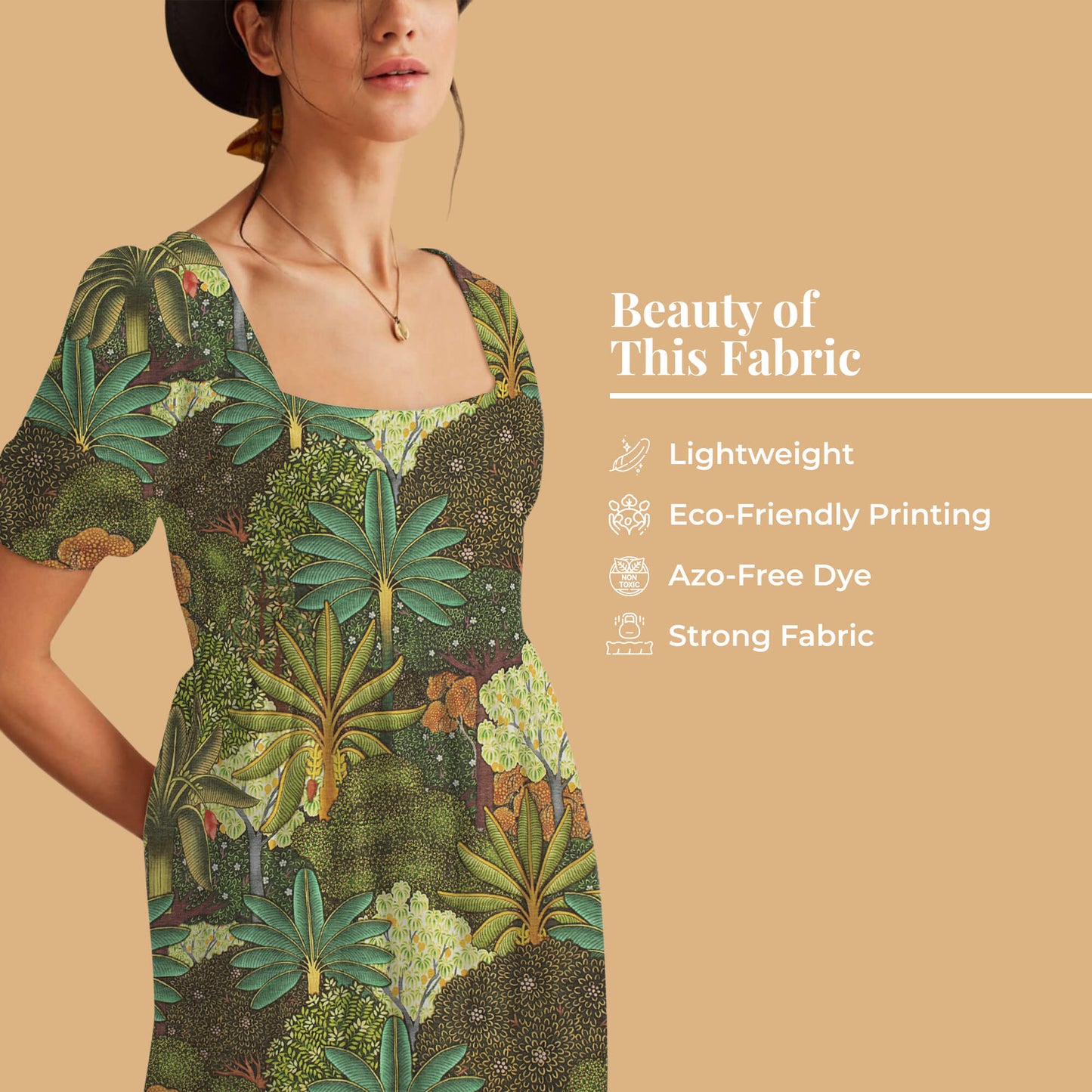 Forest Green And Ochre Orange Pichwaii Pattern Digital Print Poly Cambric Fabric