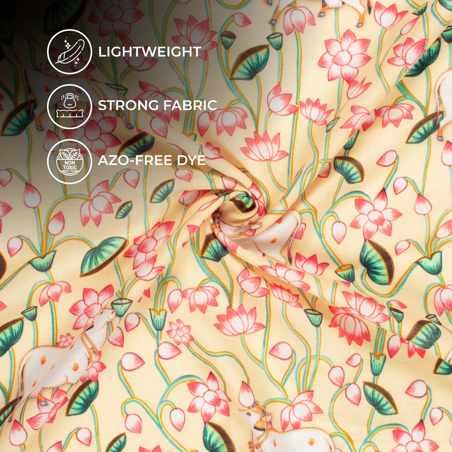 Pastel Yellow And Coral Red Pichwaii Pattern Digital Print Poly Cambric Fabric