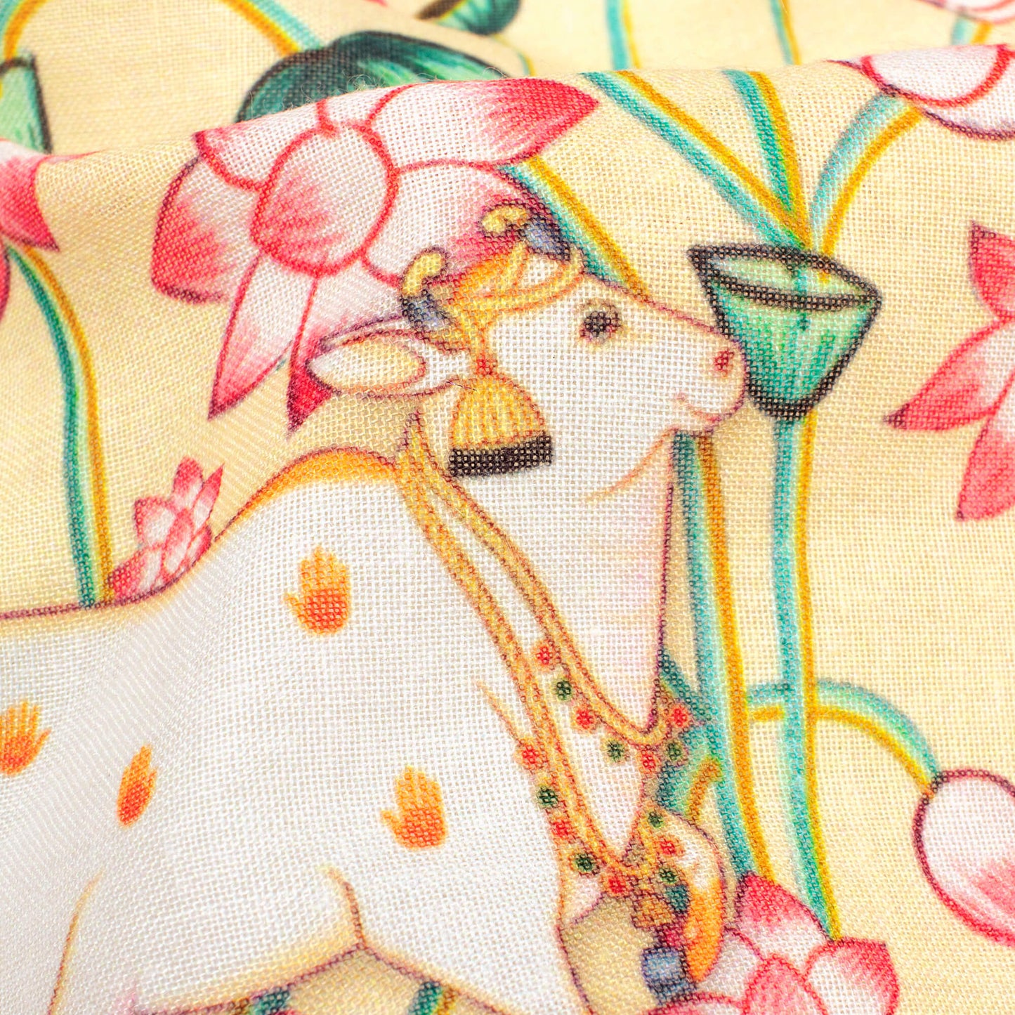 Pastel Yellow And Coral Red Pichwaii Pattern Digital Print Poly Cambric Fabric