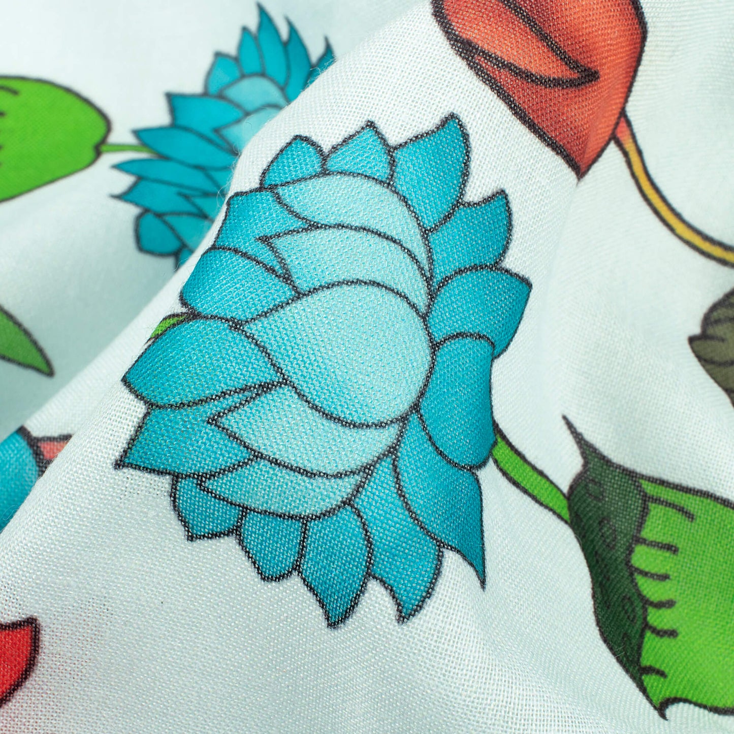 Pale Blue And Red Pichwaii Pattern Digital Print Poly Cambric Fabric