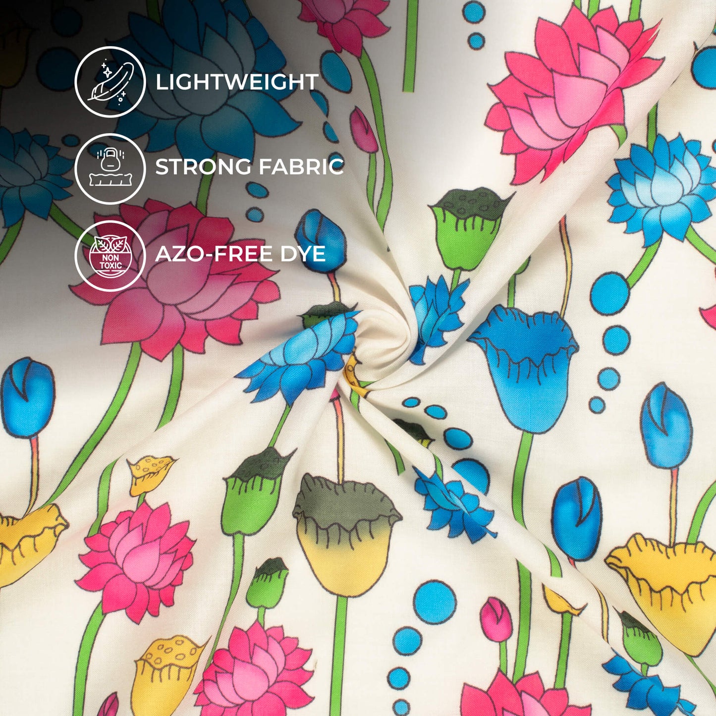 Cream And Blue Pichwaii Pattern Digital Print Poly Cambric Fabric