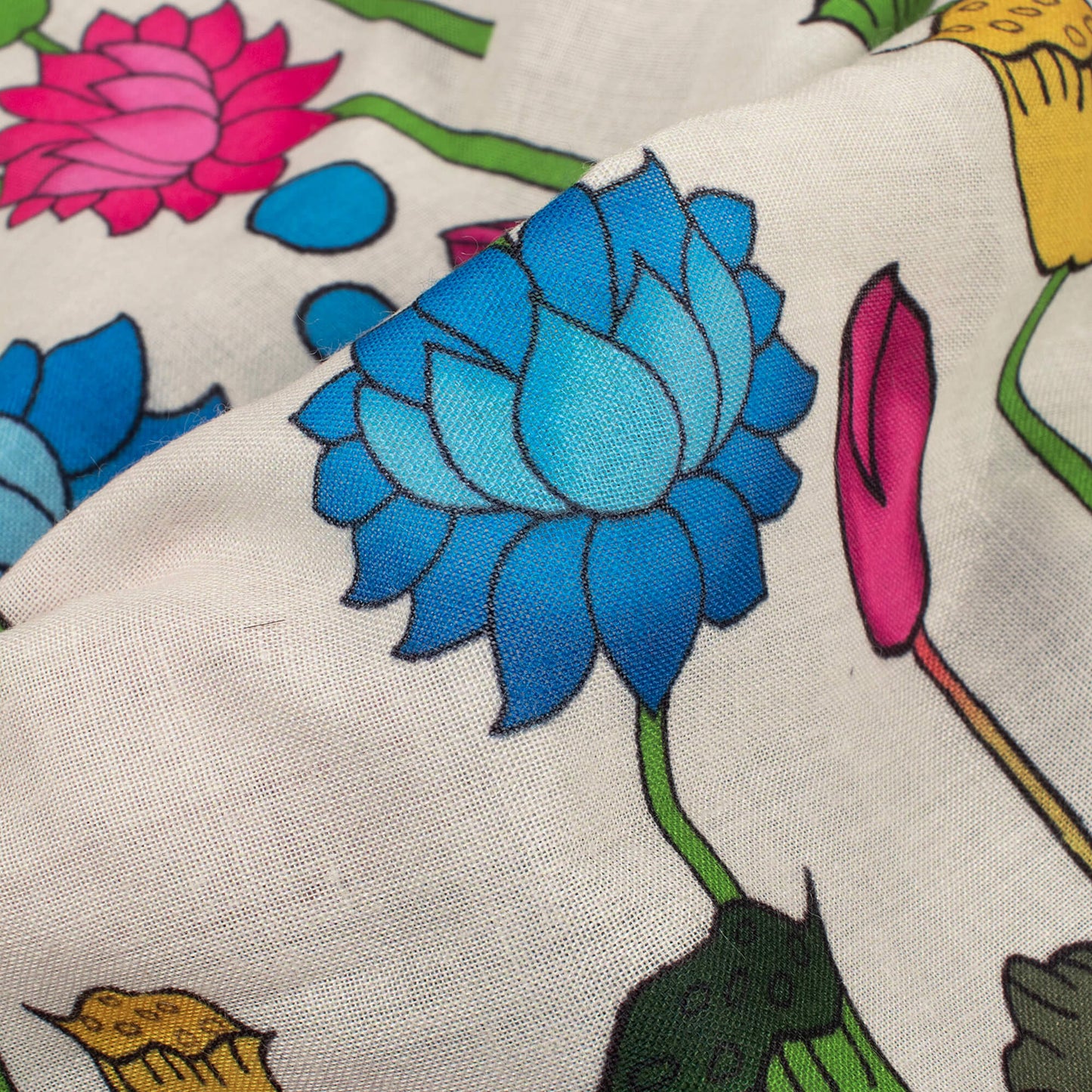 Cream And Blue Pichwaii Pattern Digital Print Poly Cambric Fabric