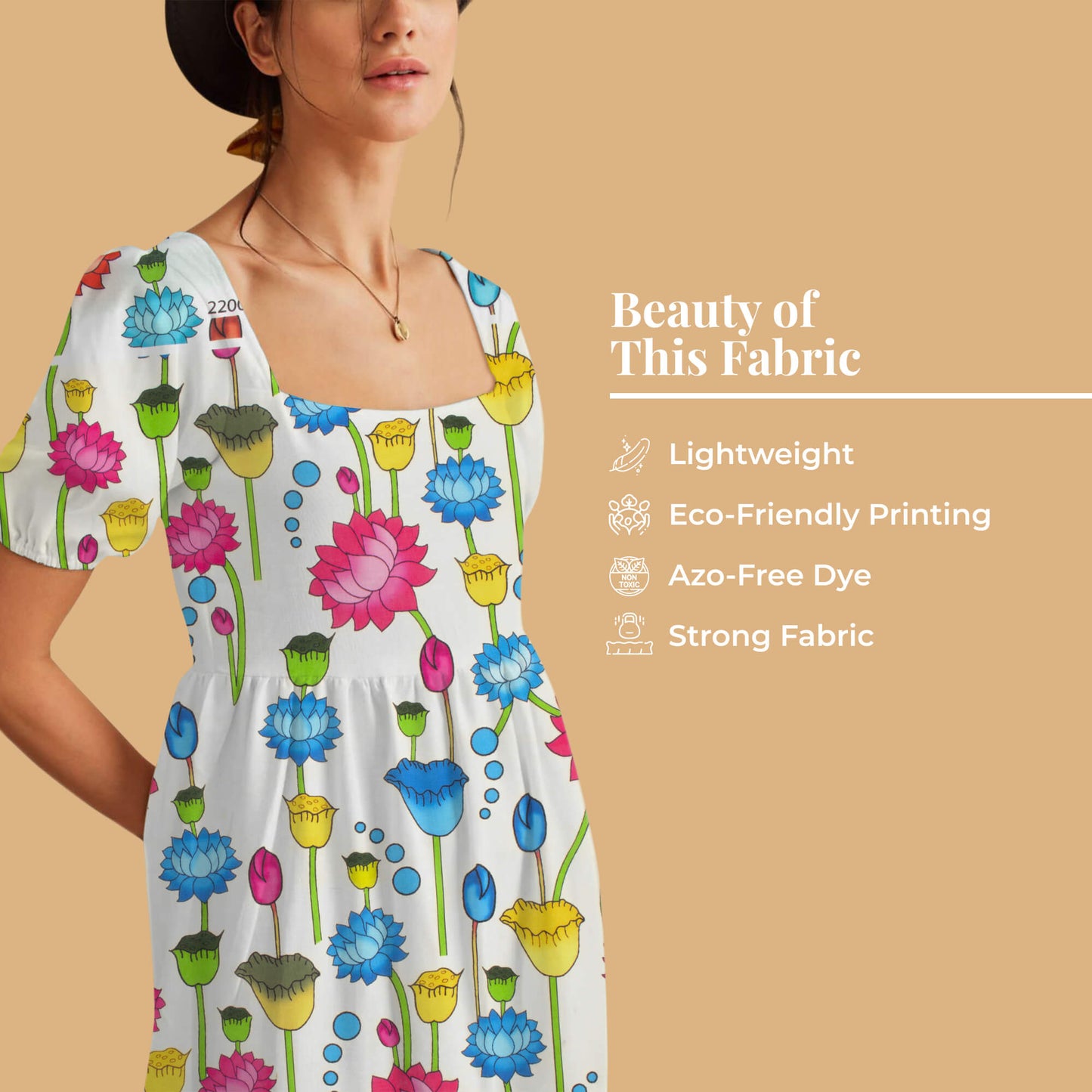 Cream And Blue Pichwaii Pattern Digital Print Poly Cambric Fabric