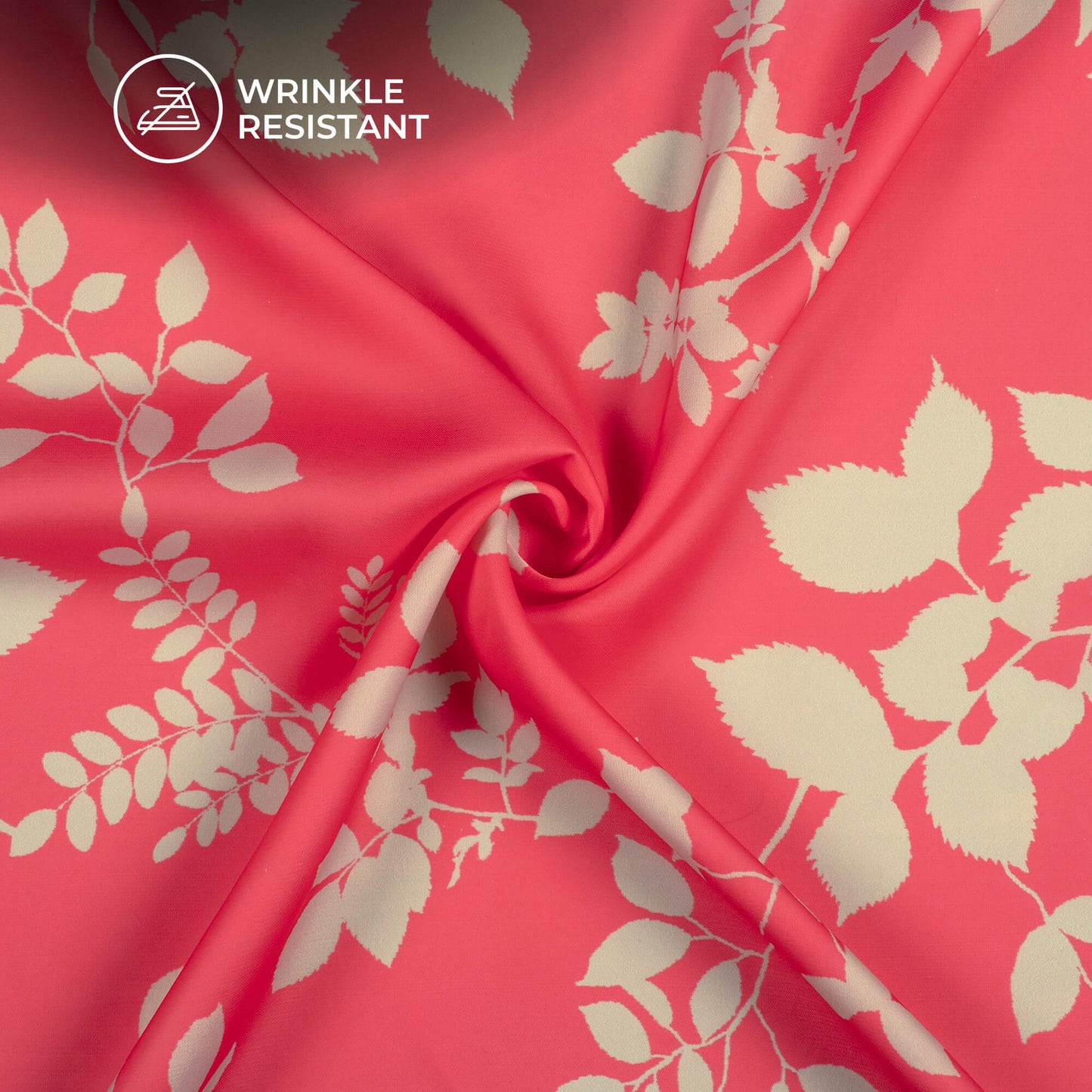 Strawberry Pink And Linen Beige Leaf Digital Print Imported Satin Fabric