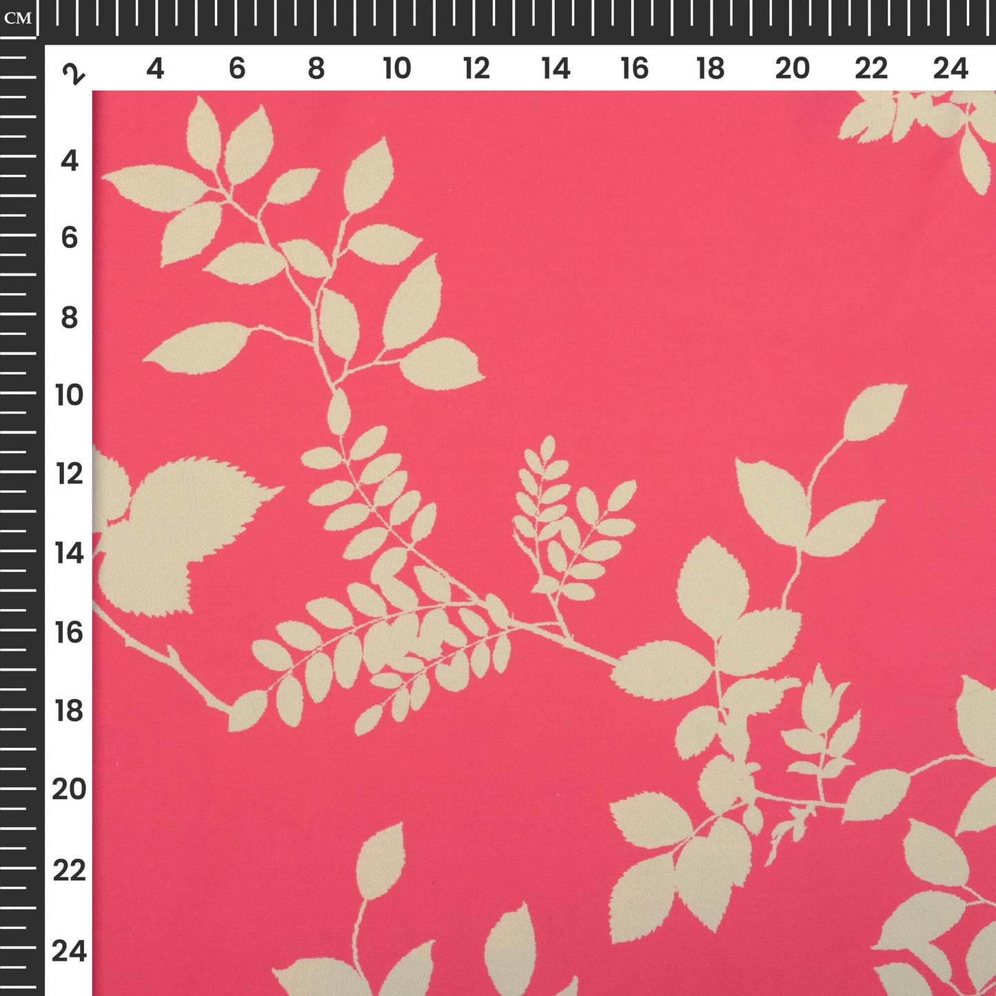 Strawberry Pink And Linen Beige Leaf Digital Print Imported Satin Fabric
