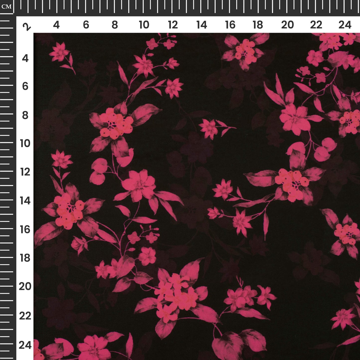 Black And Punch Pink Floral Digital Print Imported Satin Fabric