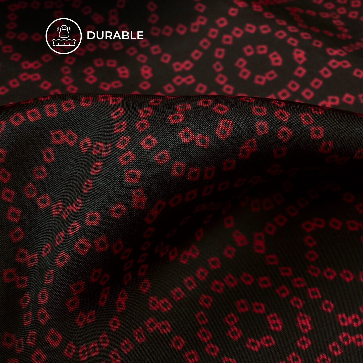 Black And Vermilion Red Bandhanii Digital Print Imported Satin Fabric