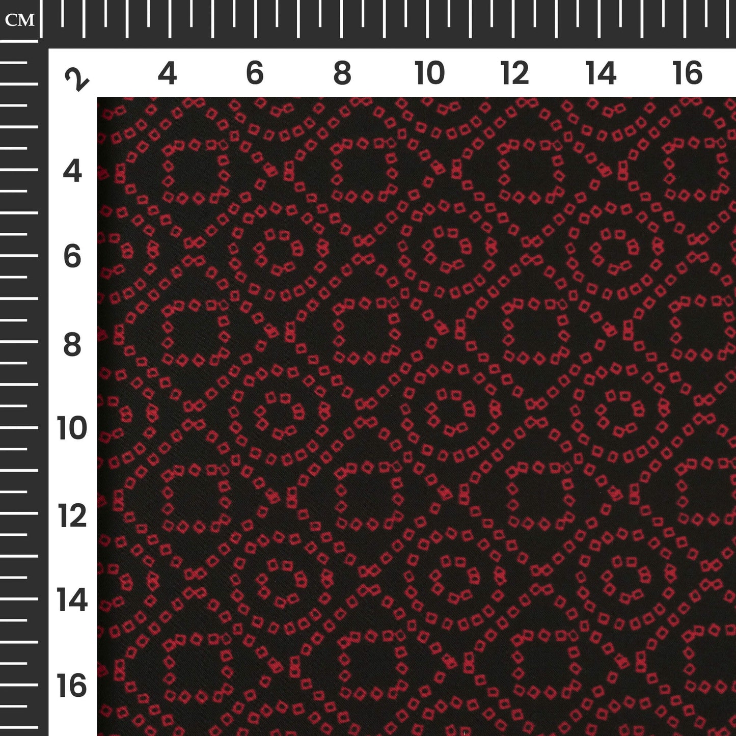 Black And Vermilion Red Bandhanii Digital Print Imported Satin Fabric