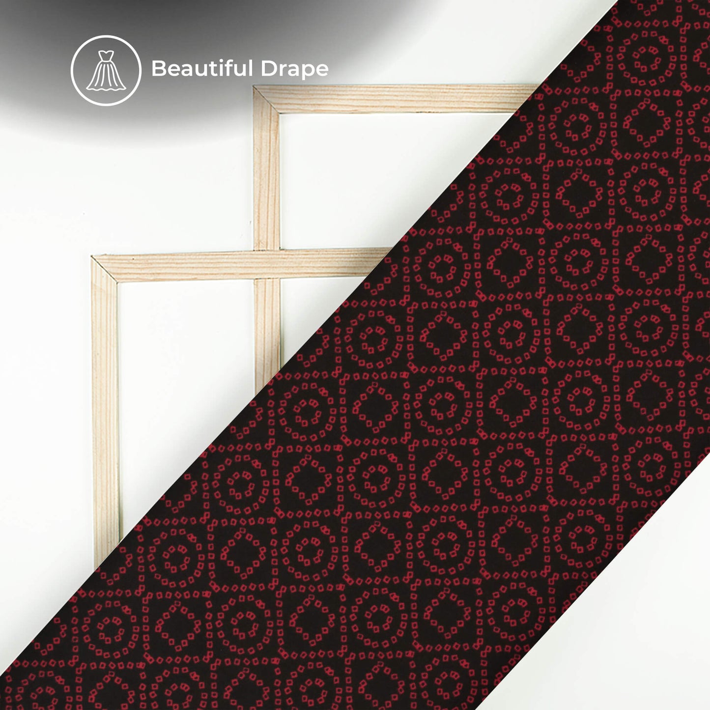 Black And Vermilion Red Bandhanii Digital Print Imported Satin Fabric