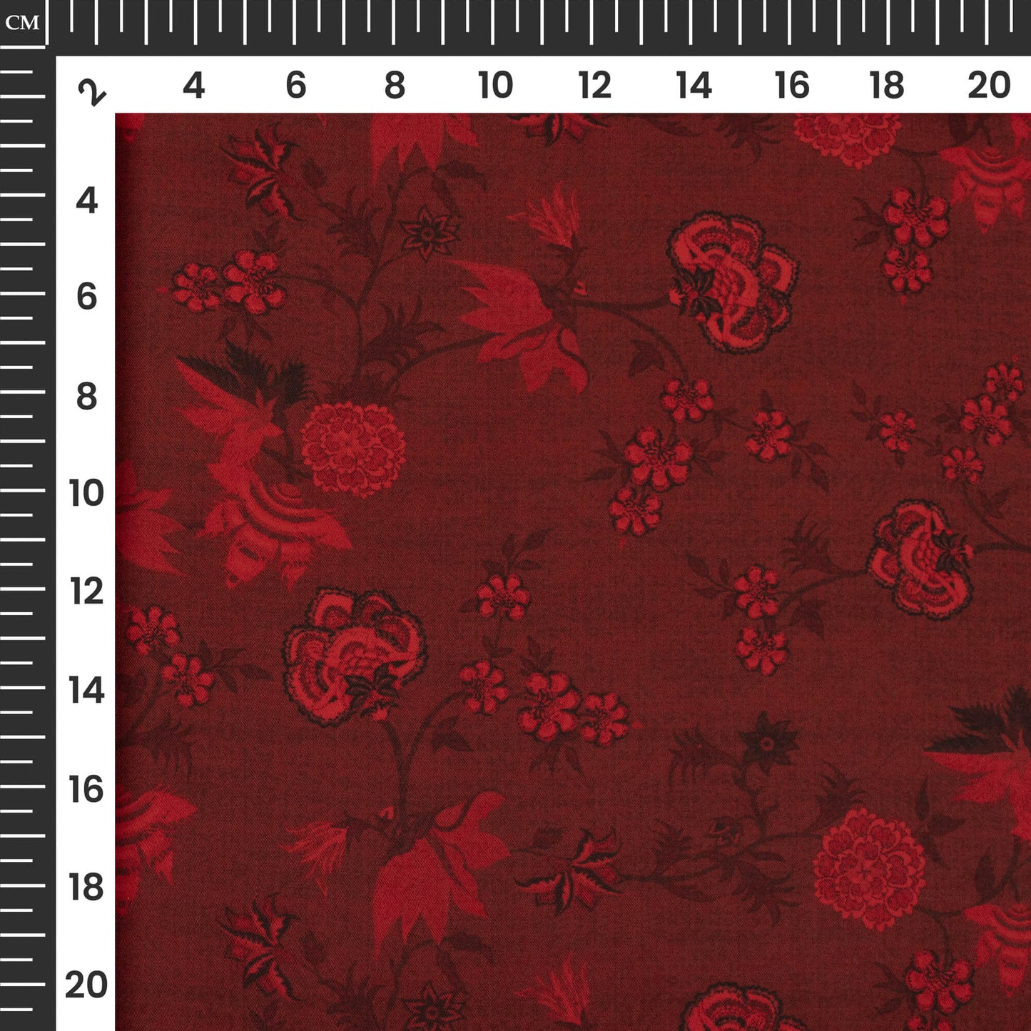Vermilion Red Floral Digital Print Imported Satin Fabric