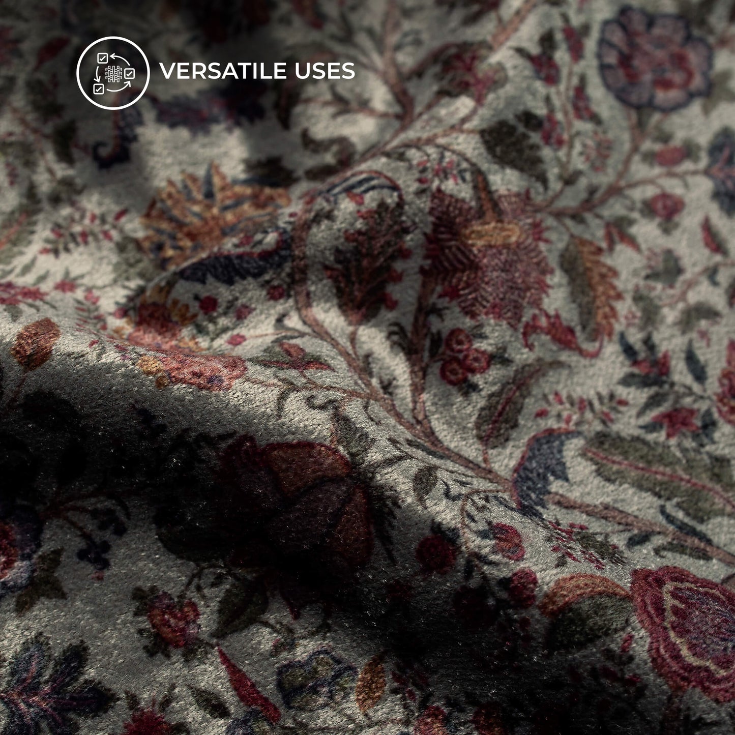 Dark Grey Floral Pattern Digital Print Premium Velvet Fabric