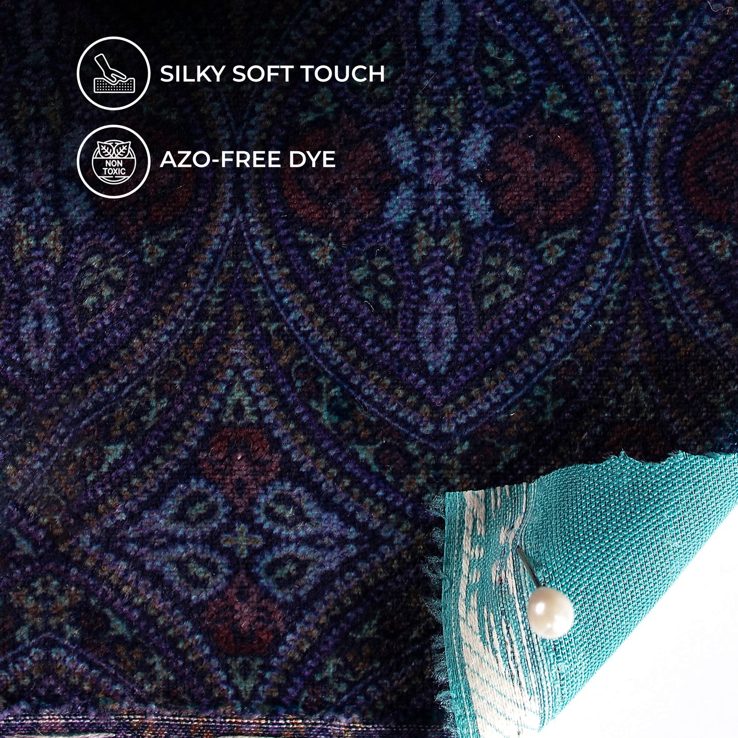 Dark Purple And Turquoise Blue Traditional Pattern Digital Print Premium Velvet Fabric