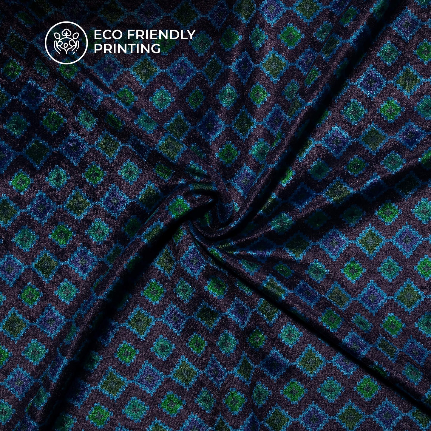 Cerulean Blue Geoemtric Pattern Digital Print Premium Velvet Fabric