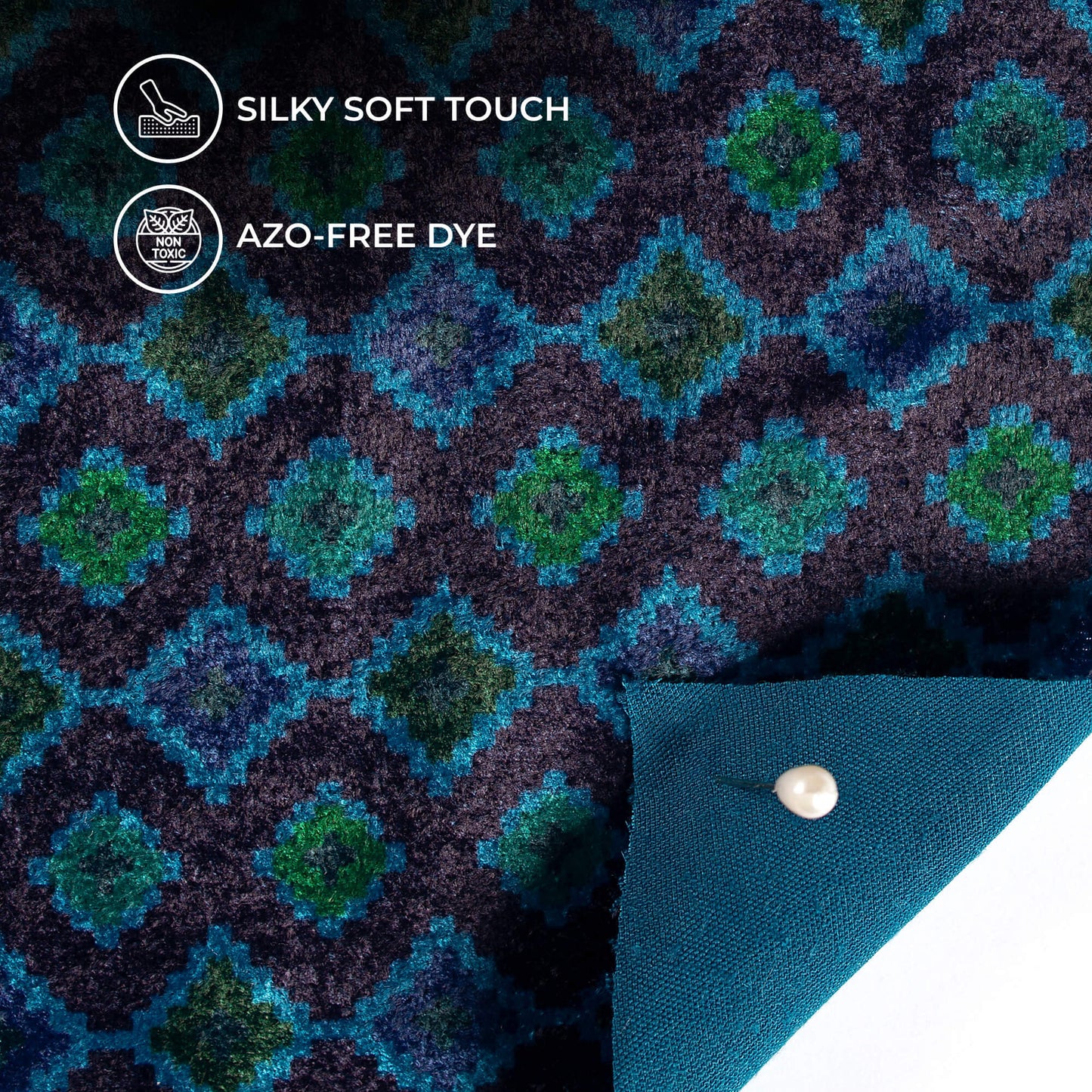 Cerulean Blue Geoemtric Pattern Digital Print Premium Velvet Fabric