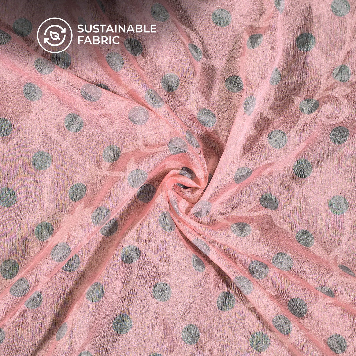 Pastel Pink And Grey Polka Dots Pattern Digital Print Floral Brasso Fabric