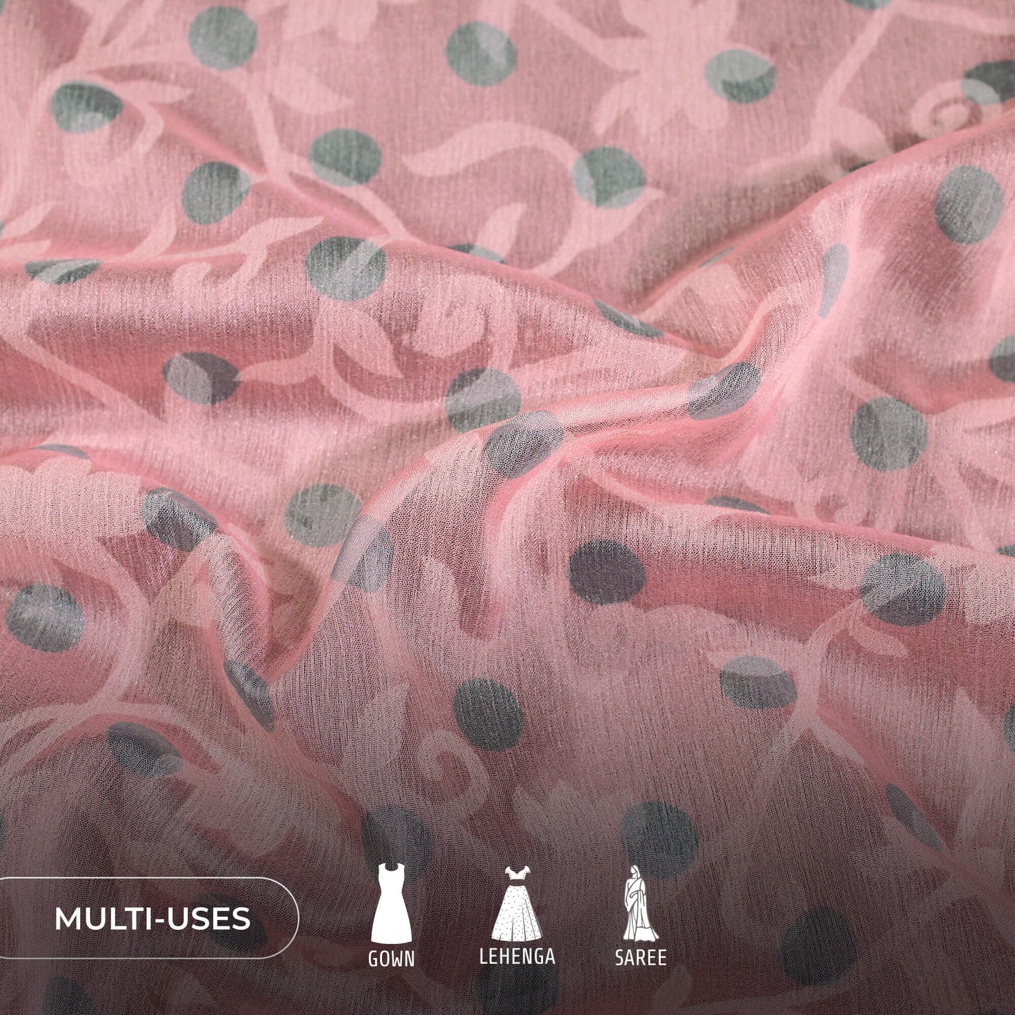 Pastel Pink And Grey Polka Dots Pattern Digital Print Floral Brasso Fabric